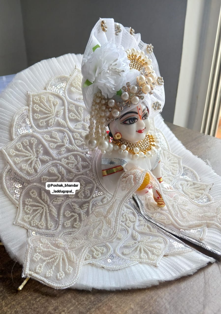 Handmade White Laddu Gopal Dress with Pagdi & Patka - Designer Kanha Ji Poshak for Janmashtami, Fancy Bal Gopal & Krishna Ji Dress
