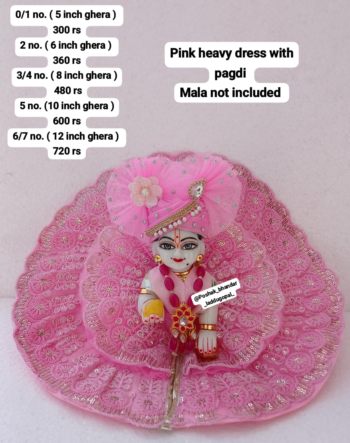 Handmade Pink Heavy Laddu Gopal Dress with Pagdi - Designer Kanha Ji Poshak for Janmashtami, Bal Gopal & Krishna Ji Celebrations