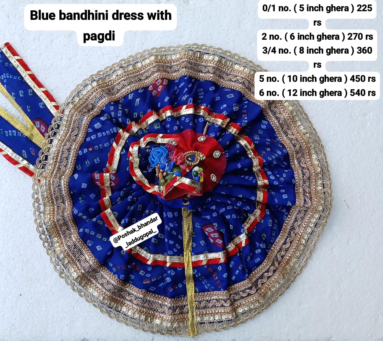 Handmade Blue Bandhini Dress with Pagdi - Designer Laddu Gopal Dress, Kanha Ji Poshak, Bal Gopal Dress for Janmashtami Festival