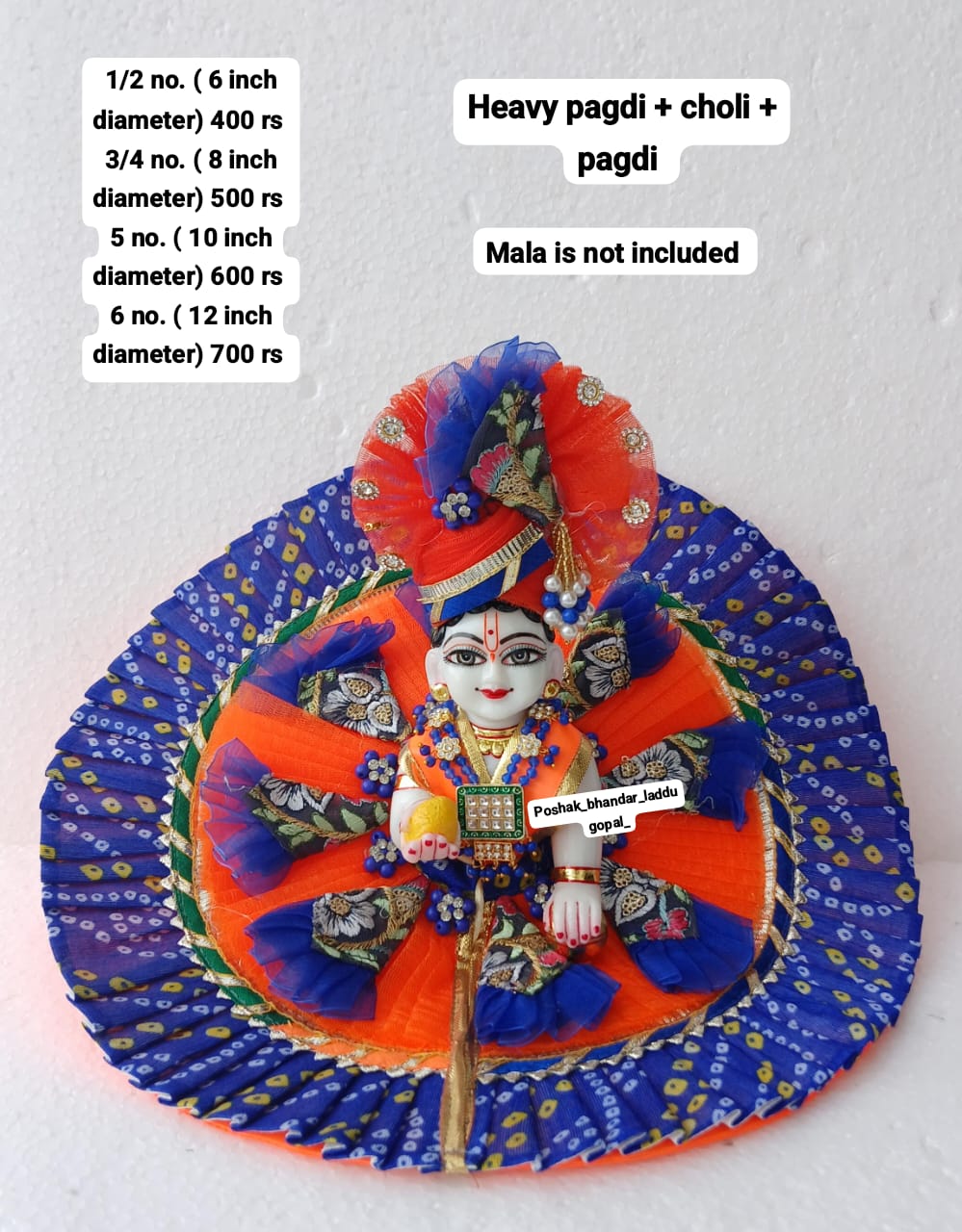 Handmade Orange and Blue Laddu Gopal Dress - Designer Kanha Ji Poshak for Janmashtami, Fancy Bal Gopal Dress, Krishna Ji Outfit
