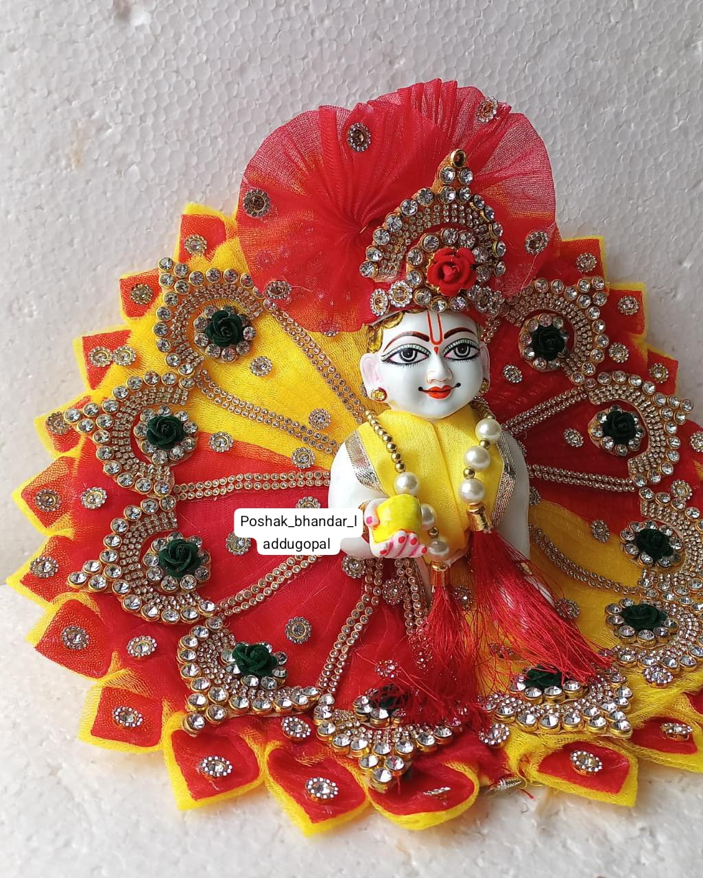 Handmade Red and Yellow Laddu Gopal Dress - Designer Kanha Ji Poshak for Janmashtami, Fancy Bal Gopal Dress, Krishna Ji Outfit