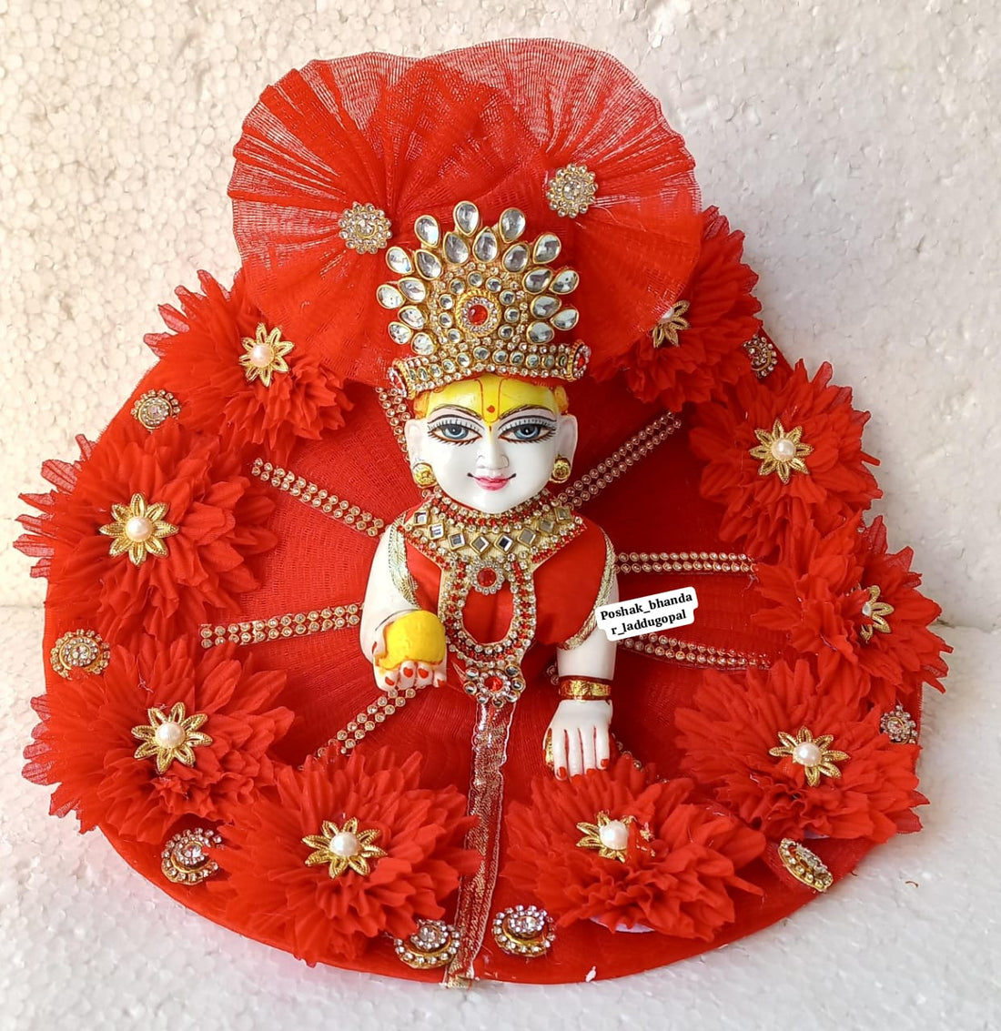 Handmade Red Flower Dress with Pagdi for Laddu Gopal | Designer Kanha Ji Poshak | Fancy Bal Gopal Dress for Janmashtami Celebrations