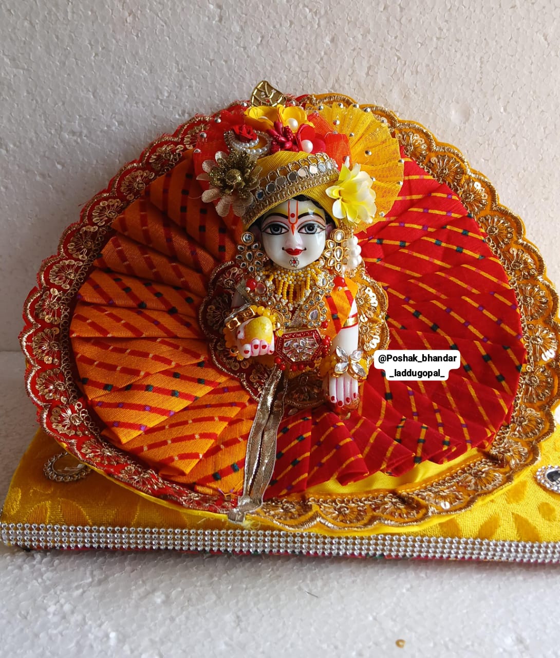 Handmade Falgun Special Red-Yellow Dress for Laddu Gopal | Designer Kanha Ji Poshak | Fancy Bal Gopal Dress for Janmashtami Celebrations