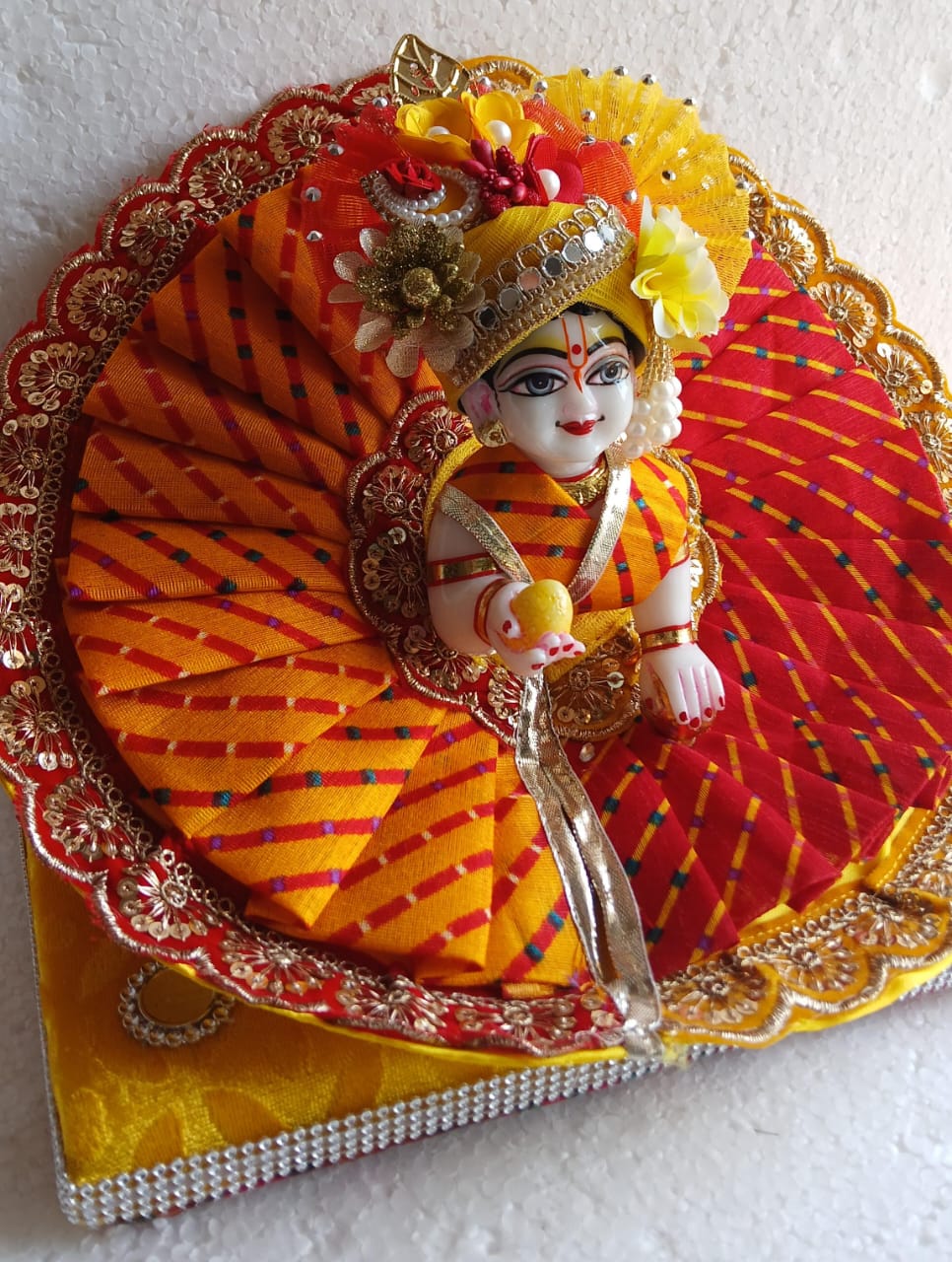 Handmade Falgun Special Red-Yellow Dress for Laddu Gopal | Designer Kanha Ji Poshak | Fancy Bal Gopal Dress for Janmashtami Celebrations