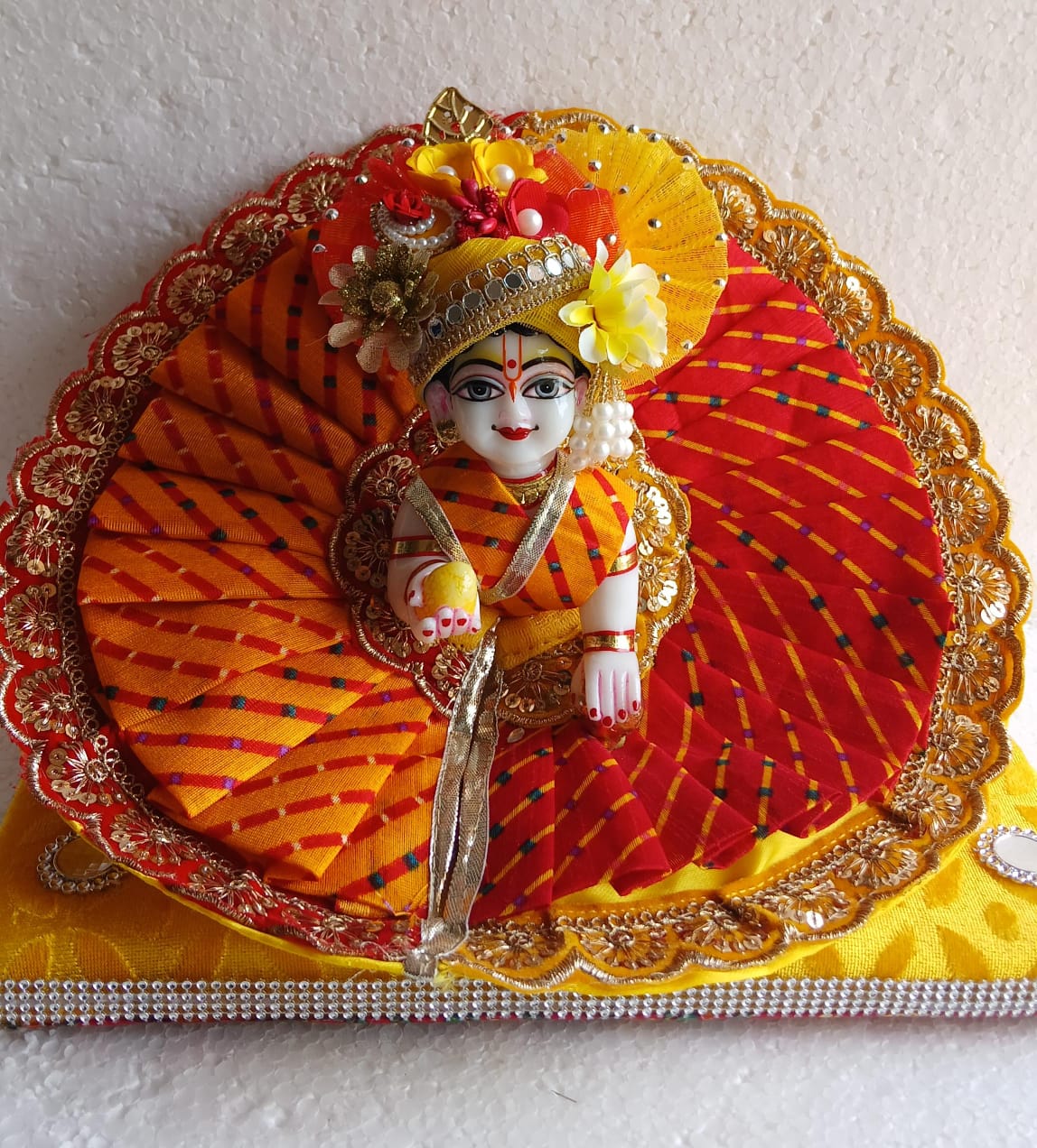 Handmade Falgun Special Red-Yellow Dress for Laddu Gopal | Designer Kanha Ji Poshak | Fancy Bal Gopal Dress for Janmashtami Celebrations