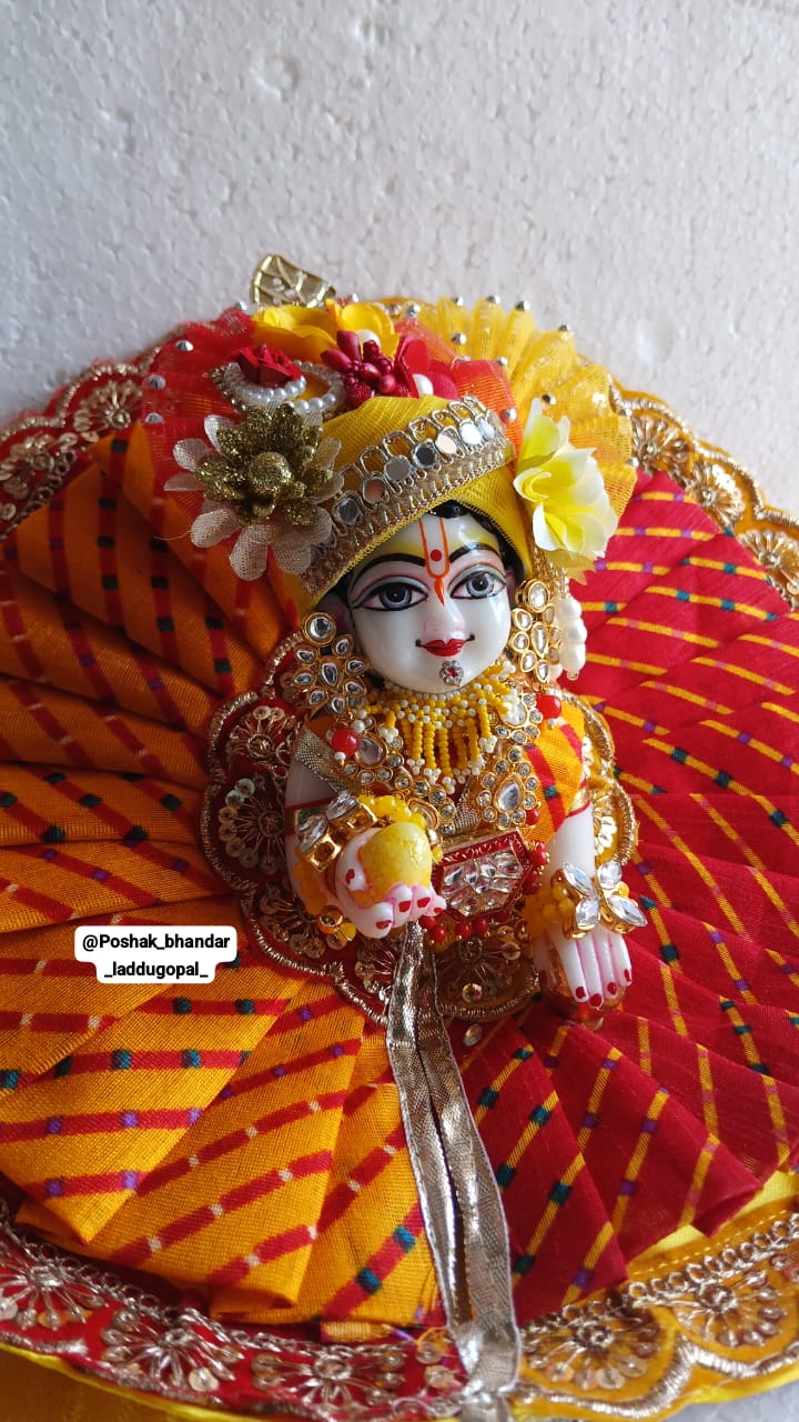 Handmade Falgun Special Red-Yellow Dress for Laddu Gopal | Designer Kanha Ji Poshak | Fancy Bal Gopal Dress for Janmashtami Celebrations