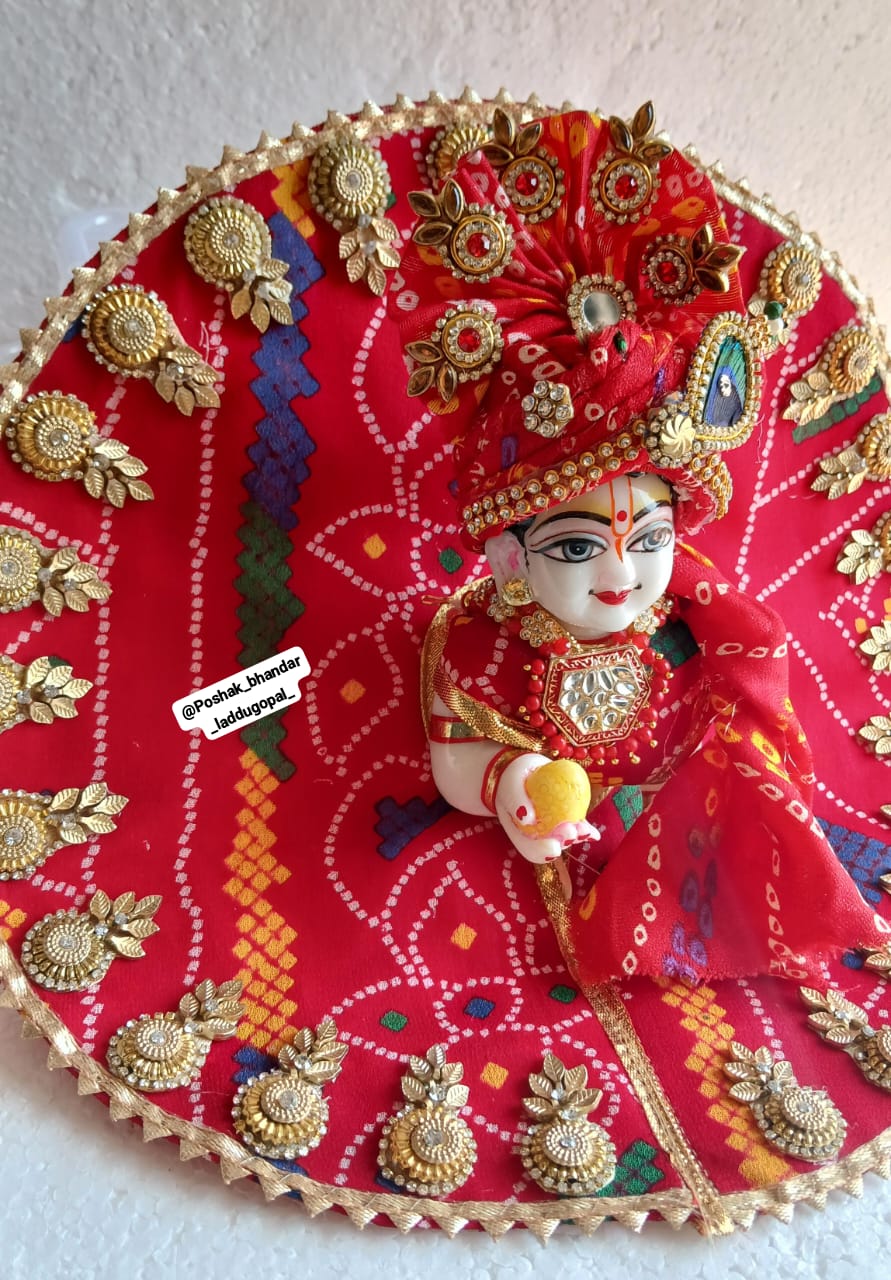 Handmade Pure Bandhini Poshak with Pagdi for Laddu Gopal | Designer Kanha Ji Dress | Fancy Bal Gopal Dress for Janmashtami Celebrations