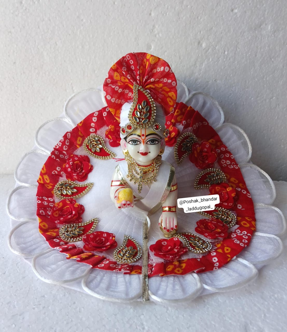 Handmade Red and White Bandhini Dress with Pagdi for Laddu Gopal | Designer Kanha Ji Poshak for Janmashtami | Fancy Bal Gopal Dress