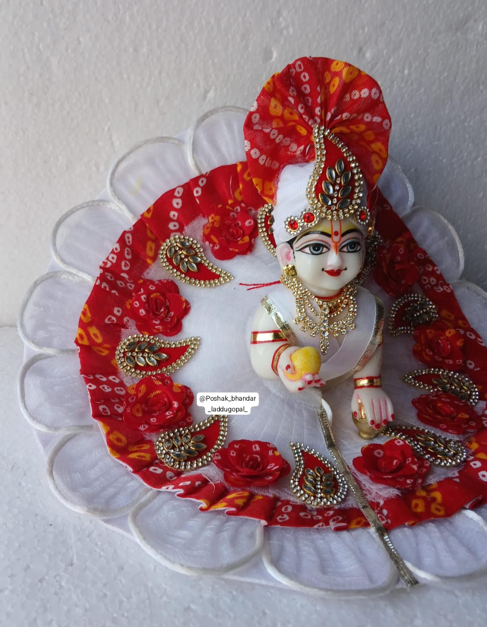 Handmade Red and White Bandhini Dress with Pagdi for Laddu Gopal | Designer Kanha Ji Poshak for Janmashtami | Fancy Bal Gopal Dress