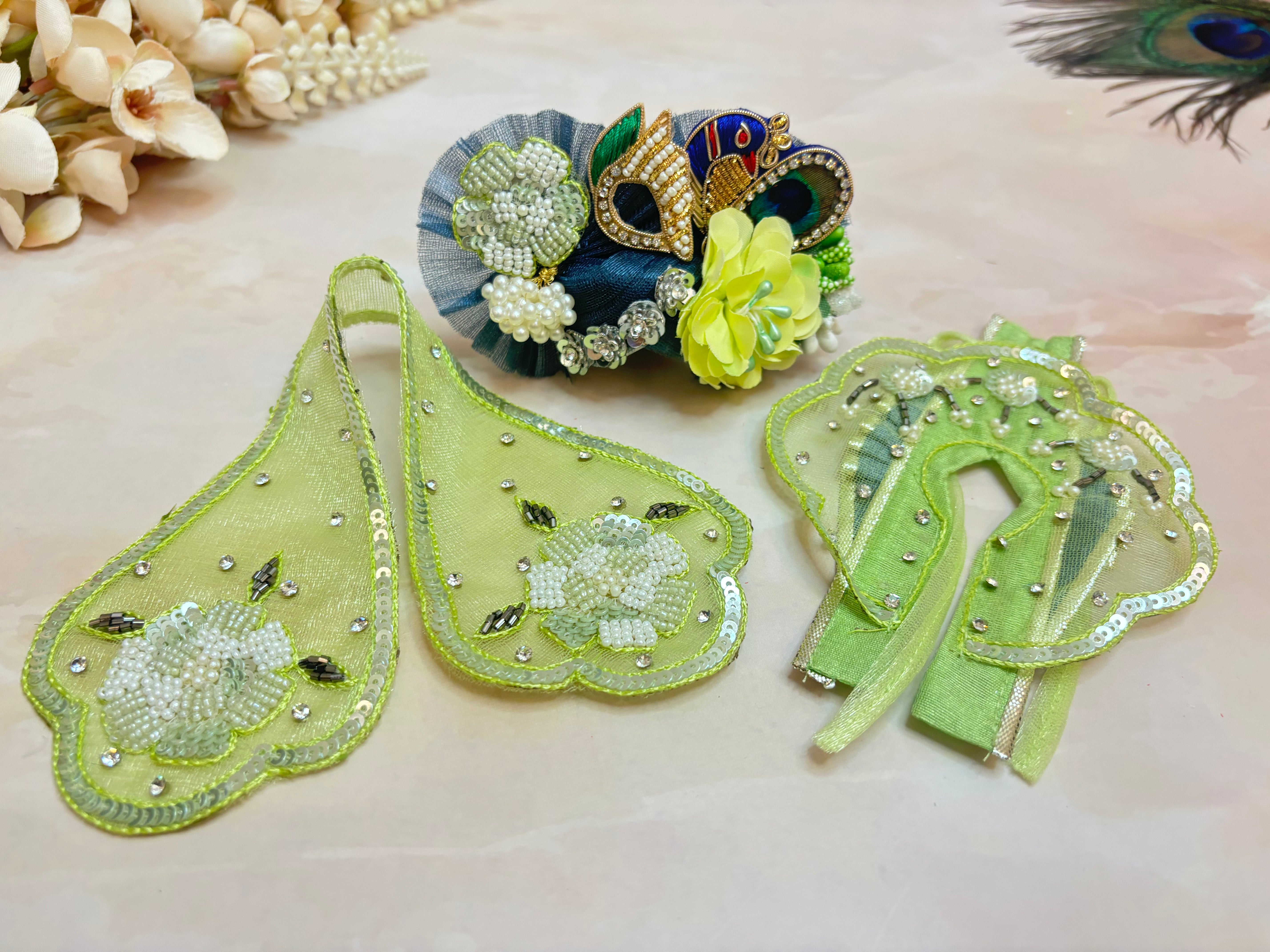 Handmade Luxe Pastel Green Laddu Gopal Dress Set - 4 Piece Designer Poshak for Janmashtami, Bal Gopal & Krishna Ji Celebrations