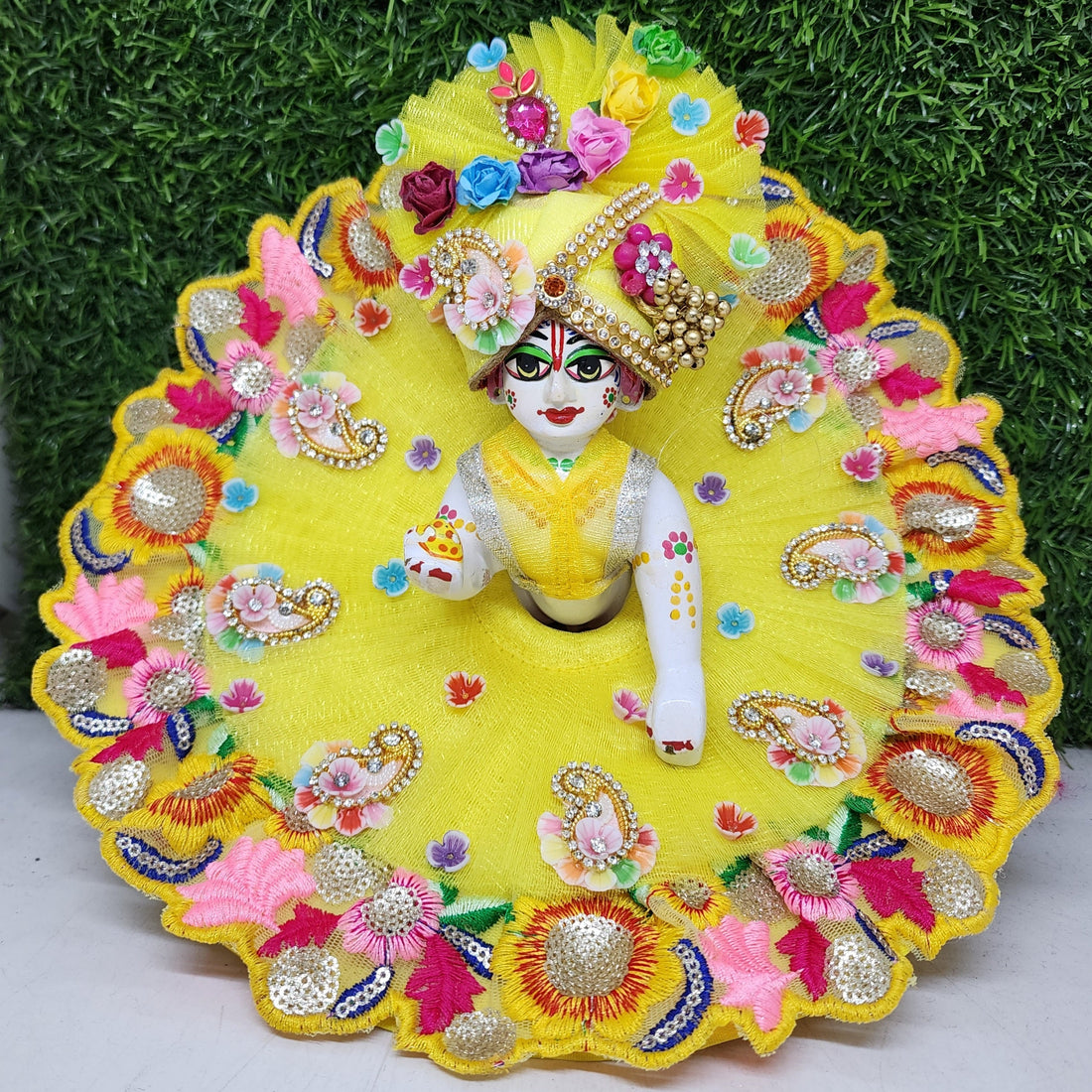 Designer Lemon Heavy Laddu Gopal Dress with Pagdi & Patka | Fancy Kanha Ji Poshak for Janmashtami, Holi, Diwali | Size 0-6