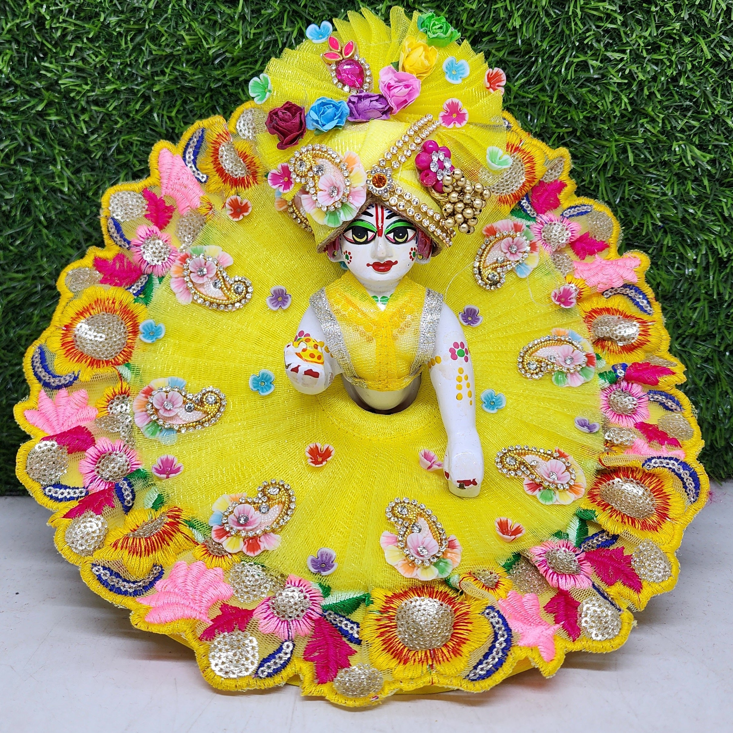Designer Lemon Heavy Laddu Gopal Dress with Pagdi & Patka | Fancy Kanha Ji Poshak for Janmashtami, Holi, Diwali | Size 0-6