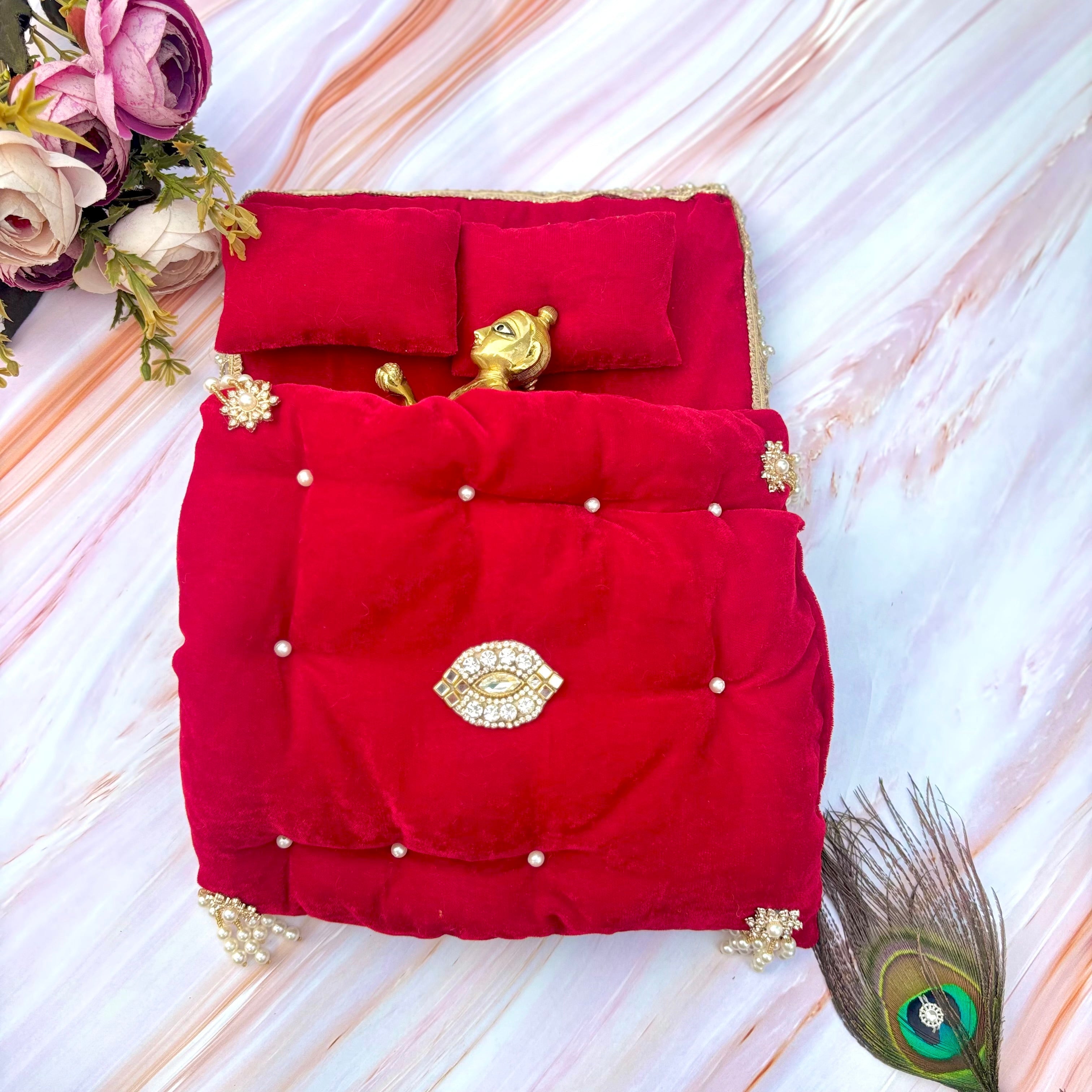 Rajshayan Handmade Velvet Laddu Gopal Bedding Set - Designer Kanha Ji Poshak & Bal Gopal Dress for Janmashtami Festival