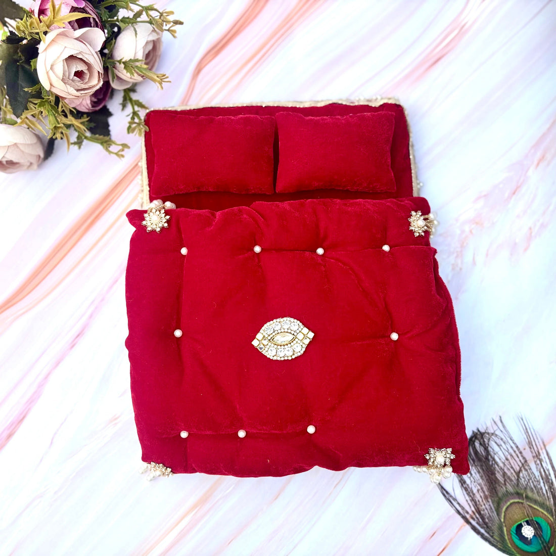 Rajshayan Handmade Velvet Laddu Gopal Bedding Set - Designer Kanha Ji Poshak & Bal Gopal Dress for Janmashtami Festival