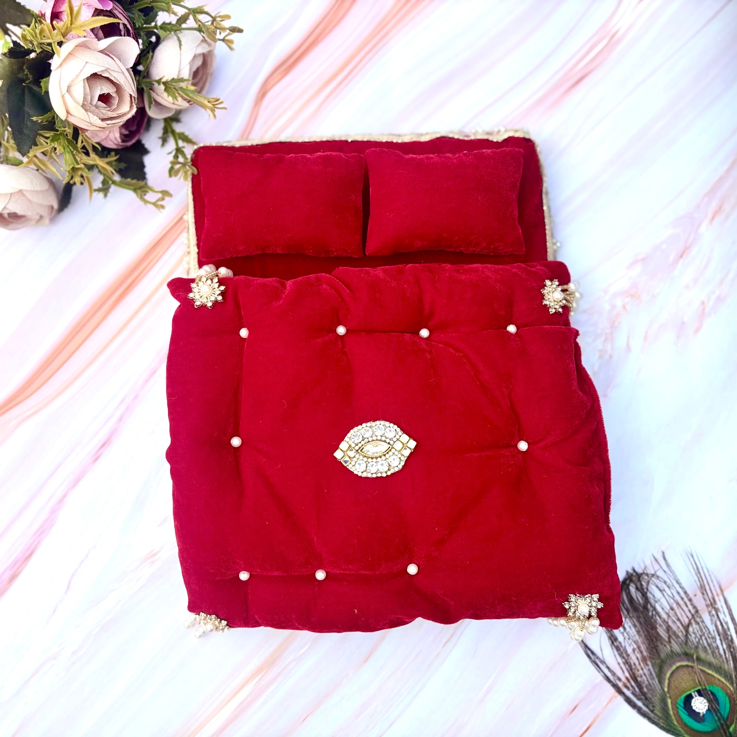 Rajshayan Handmade Velvet Laddu Gopal Bedding Set - Designer Kanha Ji Poshak & Bal Gopal Dress for Janmashtami Festival