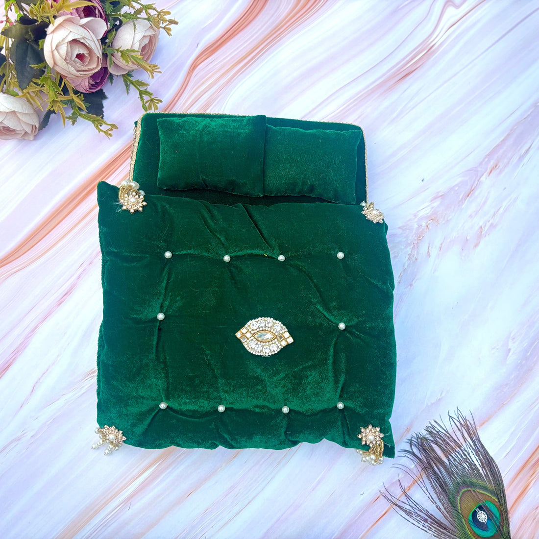 Handmade Harishayan Velvet Laddu Gopal Bedding Set - Designer Kanha Ji Poshak & Bal Gopal Dress for Janmashtami Festival