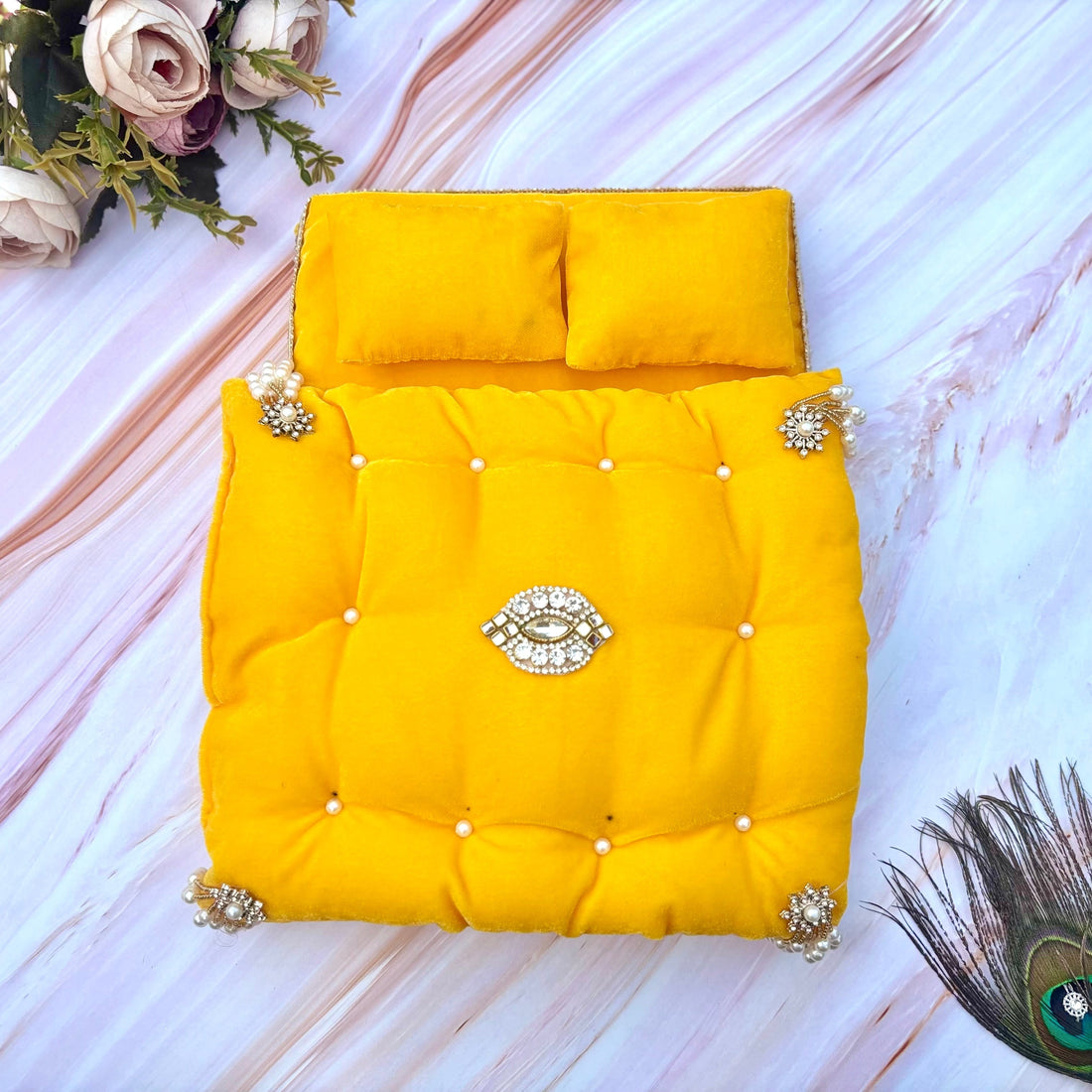 Handmade Kanakavishram Velvet Laddu Gopal Bedding Set - Designer Bal Gopal Dress & Kanha Ji Poshak for Janmashtami Festival