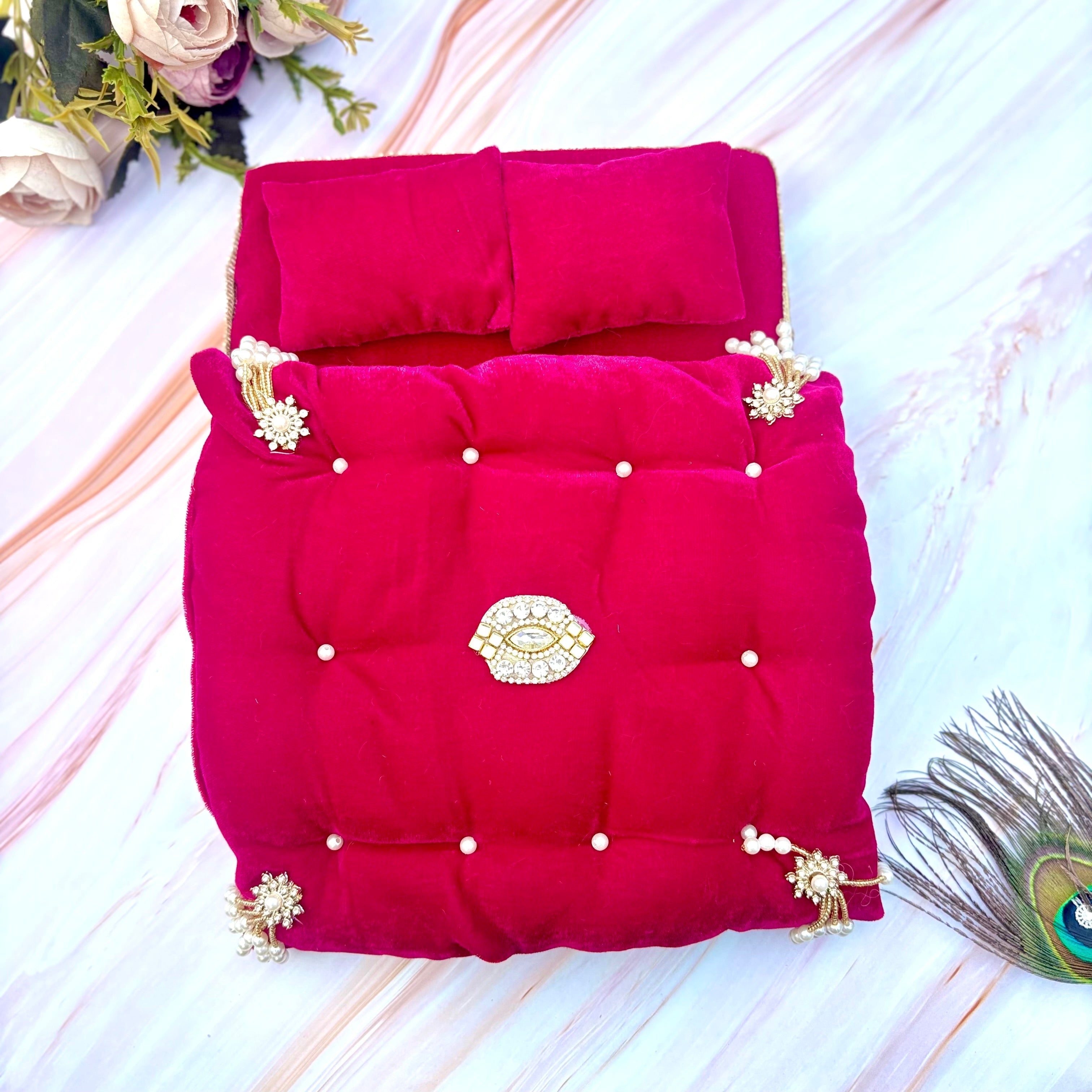 Handmade Gulabshayan Velvet Laddu Gopal Bedding Set - Designer Kanha Ji Poshak & Bal Gopal Dress for Janmashtami Festival