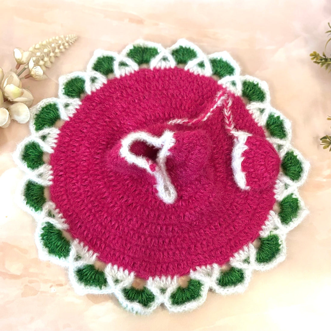 Handmade Ruby Vasant Woollen Laddu Gopal Dress - Designer Kanha Ji Poshak for Janmashtami, Fancy Bal Gopal Dress & Krishna Ji Dress