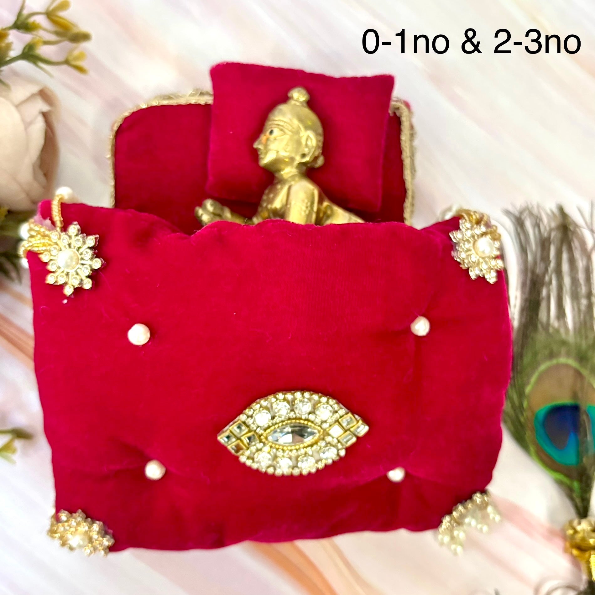 Handmade Gulabshayan Velvet Laddu Gopal Bedding Set - Designer Kanha Ji Poshak & Bal Gopal Dress for Janmashtami Festival