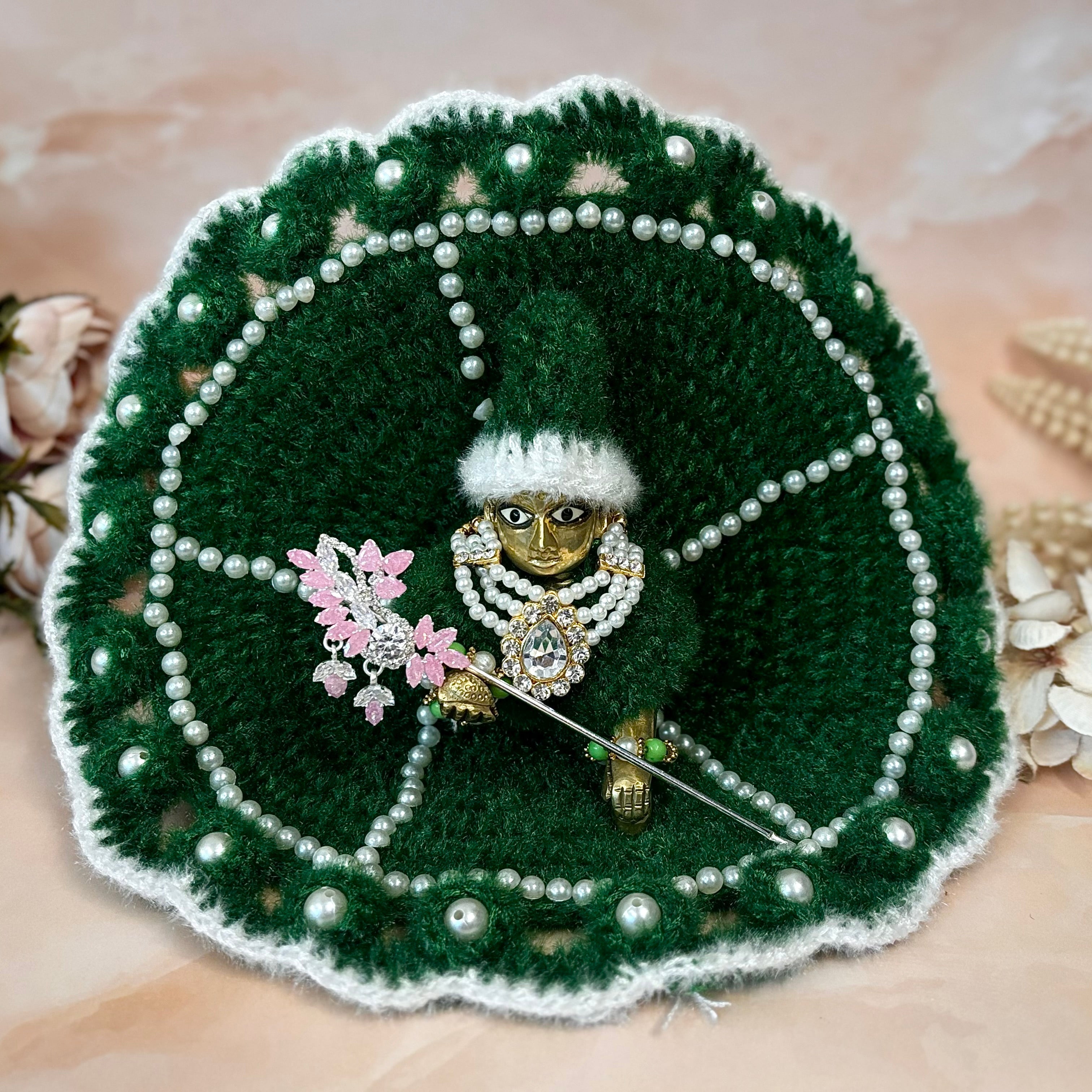 Handmade Green Pearl Woollen Laddu Gopal Dress - Designer Kanha Ji Poshak for Janmashtami, Fancy Bal Gopal Dress, Krishna Ji Outfit