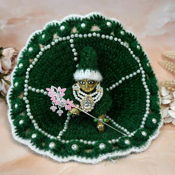 Handmade Green Pearl Woollen Laddu Gopal Dress - Designer Kanha Ji Poshak for Janmashtami, Fancy Bal Gopal Dress, Krishna Ji Outfit