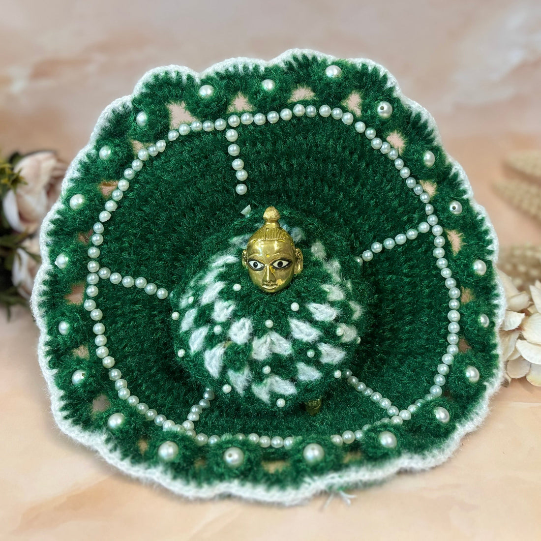 Handmade Green Pearl Woollen Laddu Gopal Dress - Designer Kanha Ji Poshak for Janmashtami, Fancy Bal Gopal Dress, Krishna Ji Outfit