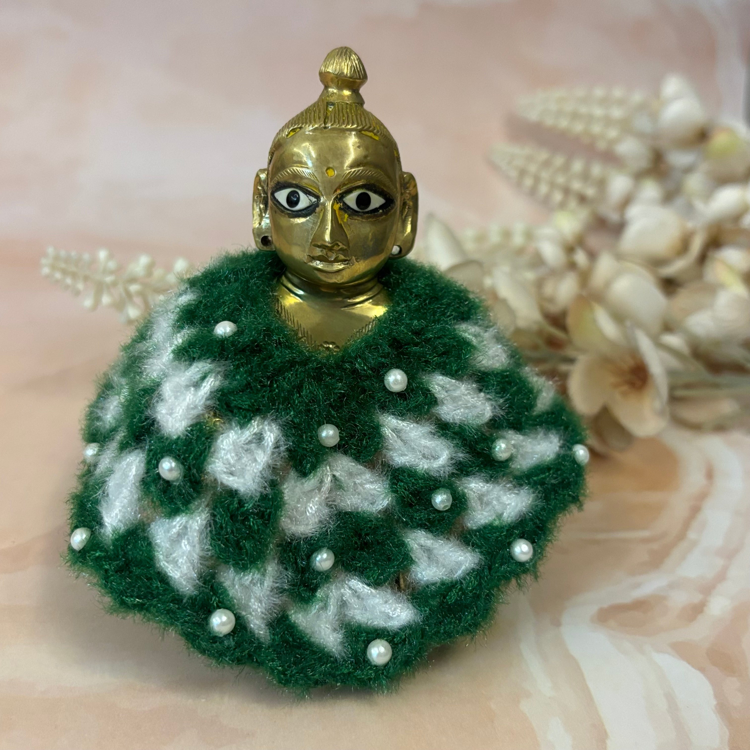 Handmade Green Pearl Woollen Laddu Gopal Dress - Designer Kanha Ji Poshak for Janmashtami, Fancy Bal Gopal Dress, Krishna Ji Outfit