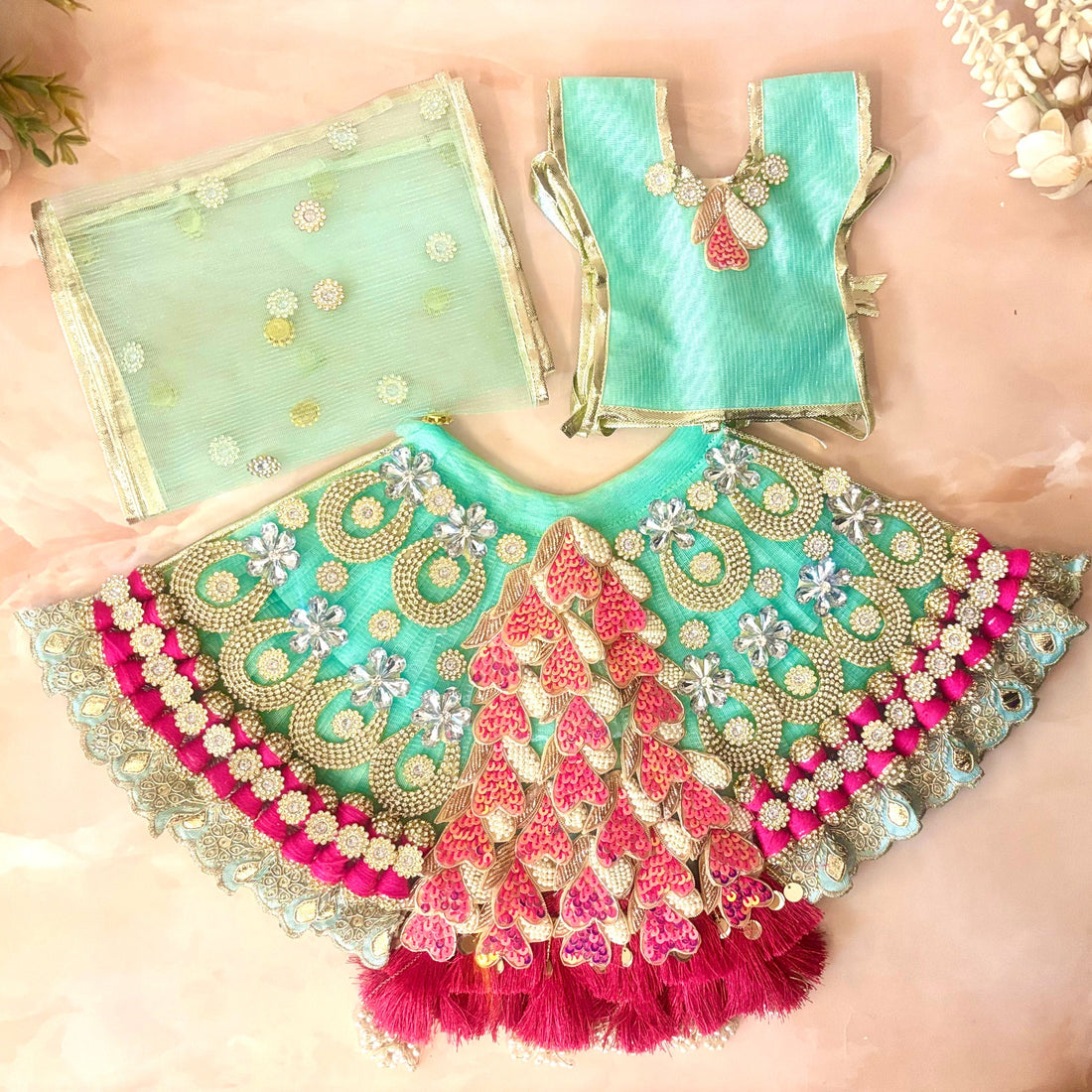 Handmade Padmaraga Mata Rani Dress - Designer Laddu Gopal Poshak for Janmashtami | Fancy Bal Gopal & Kanha Ji Dress