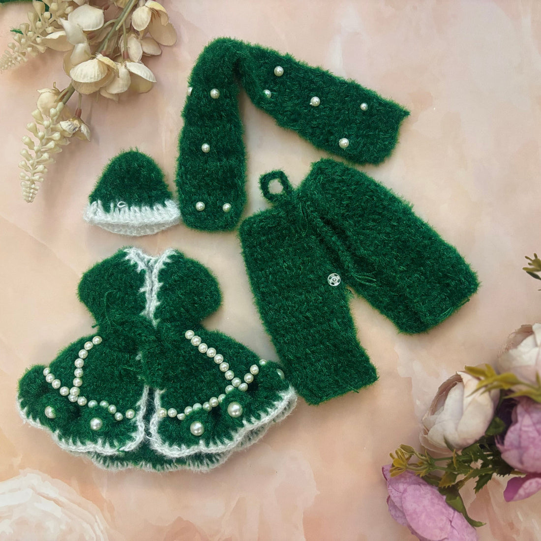 Handmade Harit Pearl Woollen Laddu Gopal Dress - Designer Kanha Ji Poshak for Janmashtami, Fancy Bal Gopal Dress, Krishna Ji Outfit