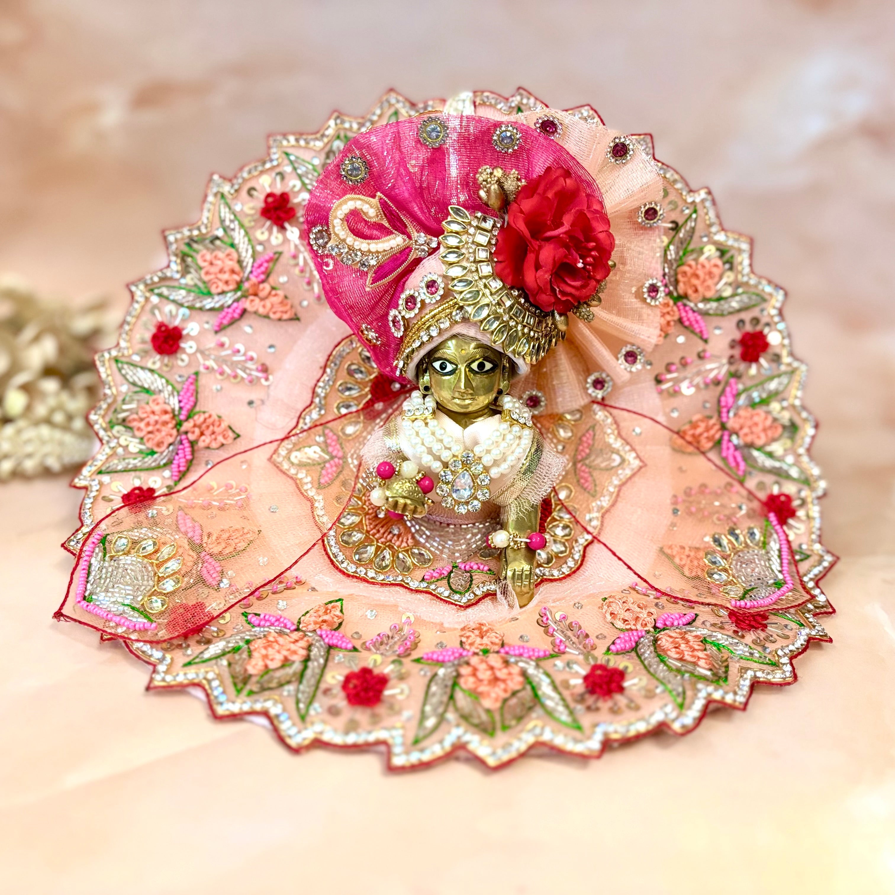 Handmade Luxe Peach Lotus Laddu Gopal Dress Set - 4 Piece Designer Poshak for Kanha Ji, Bal Gopal & Krishna Ji - Perfect for Janmashtami Festival