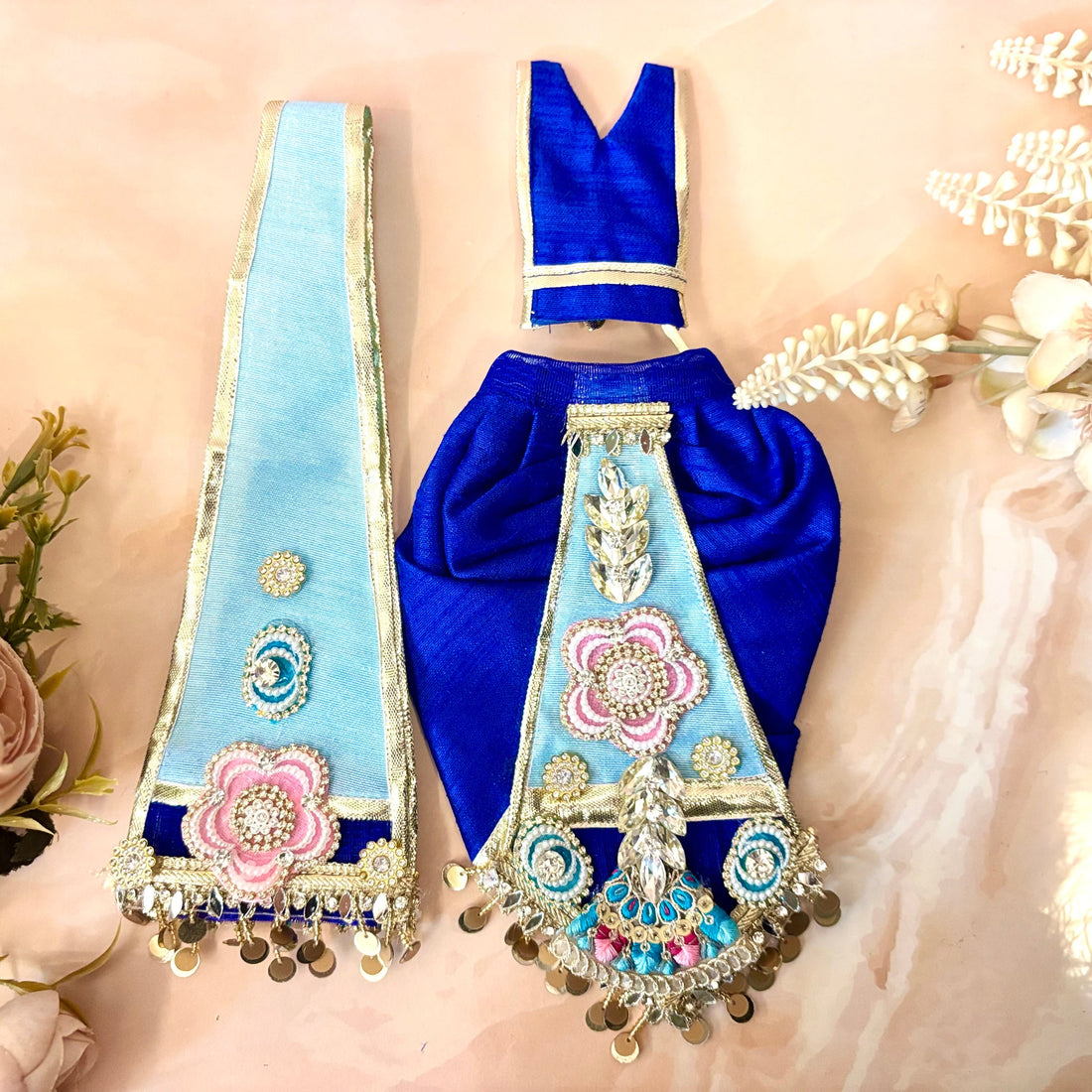 Handmade Neelamber Radhe Krishna Dress - Designer Laddu Gopal Poshak, Fancy Kanha Ji Dress for Janmashtami, Bal Gopal & Krishna Ji Celebrations