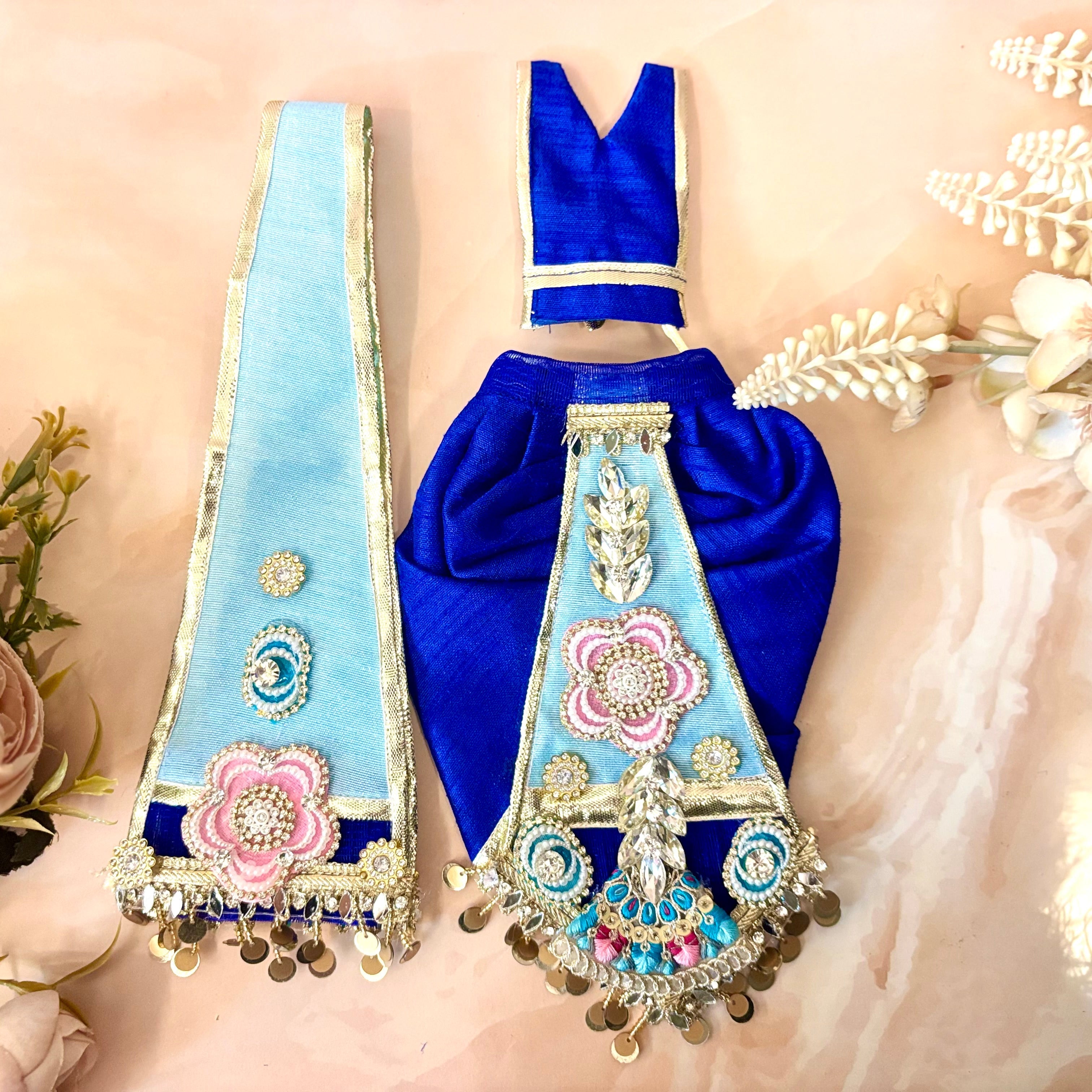 Handmade Neelamber Radhe Krishna Dress - Designer Laddu Gopal Poshak, Fancy Kanha Ji Dress for Janmashtami, Bal Gopal & Krishna Ji Celebrations