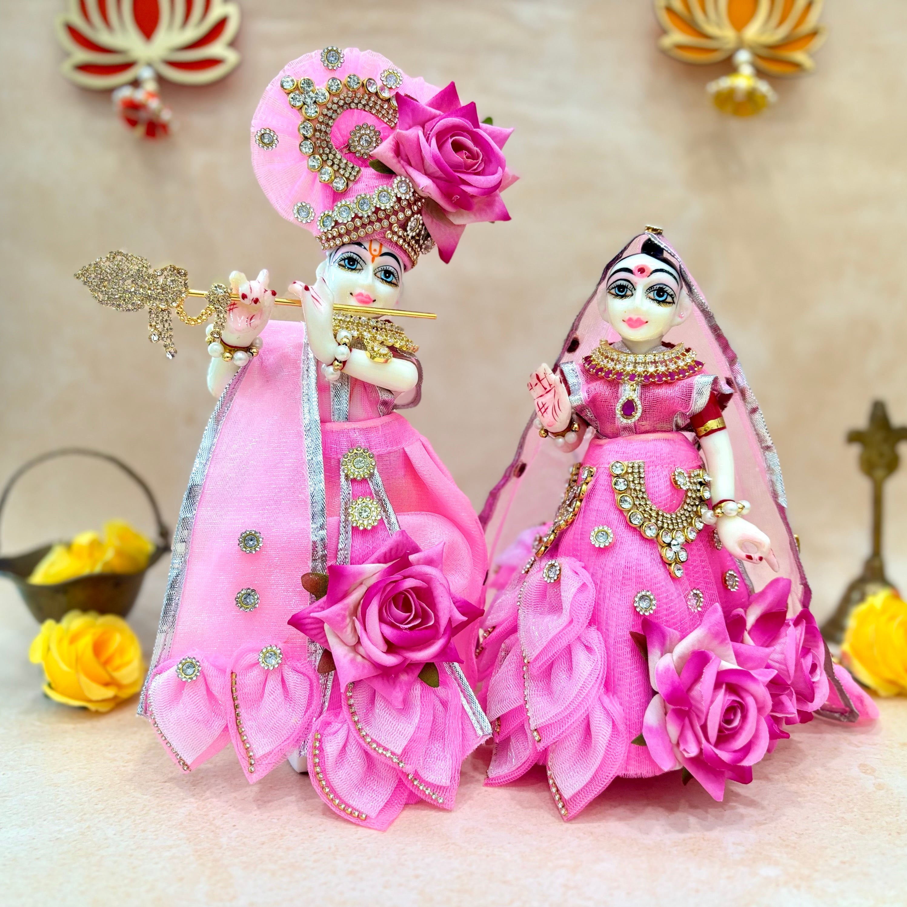 Handmade Pink Rose Lehenga & Dhoti Set for Laddu Gopal | Designer Kanha Ji Poshak | Fancy Bal Gopal Dress for Janmashtami - 7 Piece Set