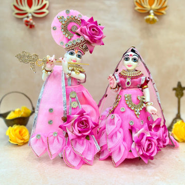 Handmade Pink Rose Lehenga & Dhoti Set for Laddu Gopal | Designer Kanha Ji Poshak | Fancy Bal Gopal Dress for Janmashtami - 7 Piece Set