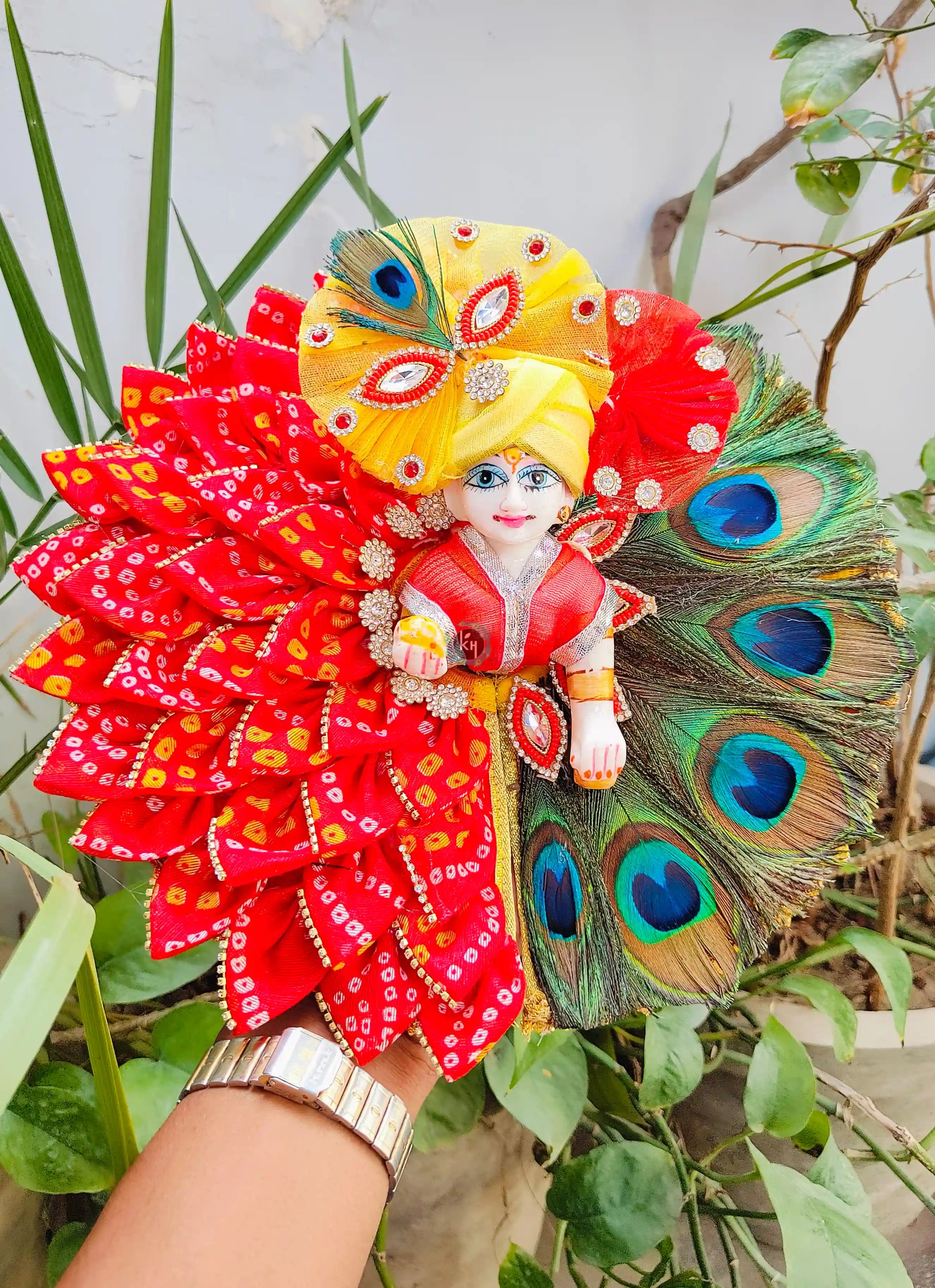 Handmade Janmashtami Laddu Gopal Dress - Designer Bhandej Pati Mor Pankh Heavy Poshak with Pagdi & Choli for Kanha Ji & Bal Gopal