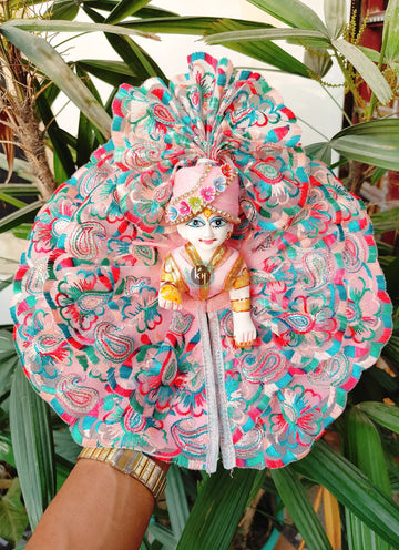 Handmade Baby Pink Lace Dress for Laddu Gopal Ji - Designer Poshak with Pagdi & Choli for Janmashtami Celebrations | Bal Gopal & Kanha Ji Dress