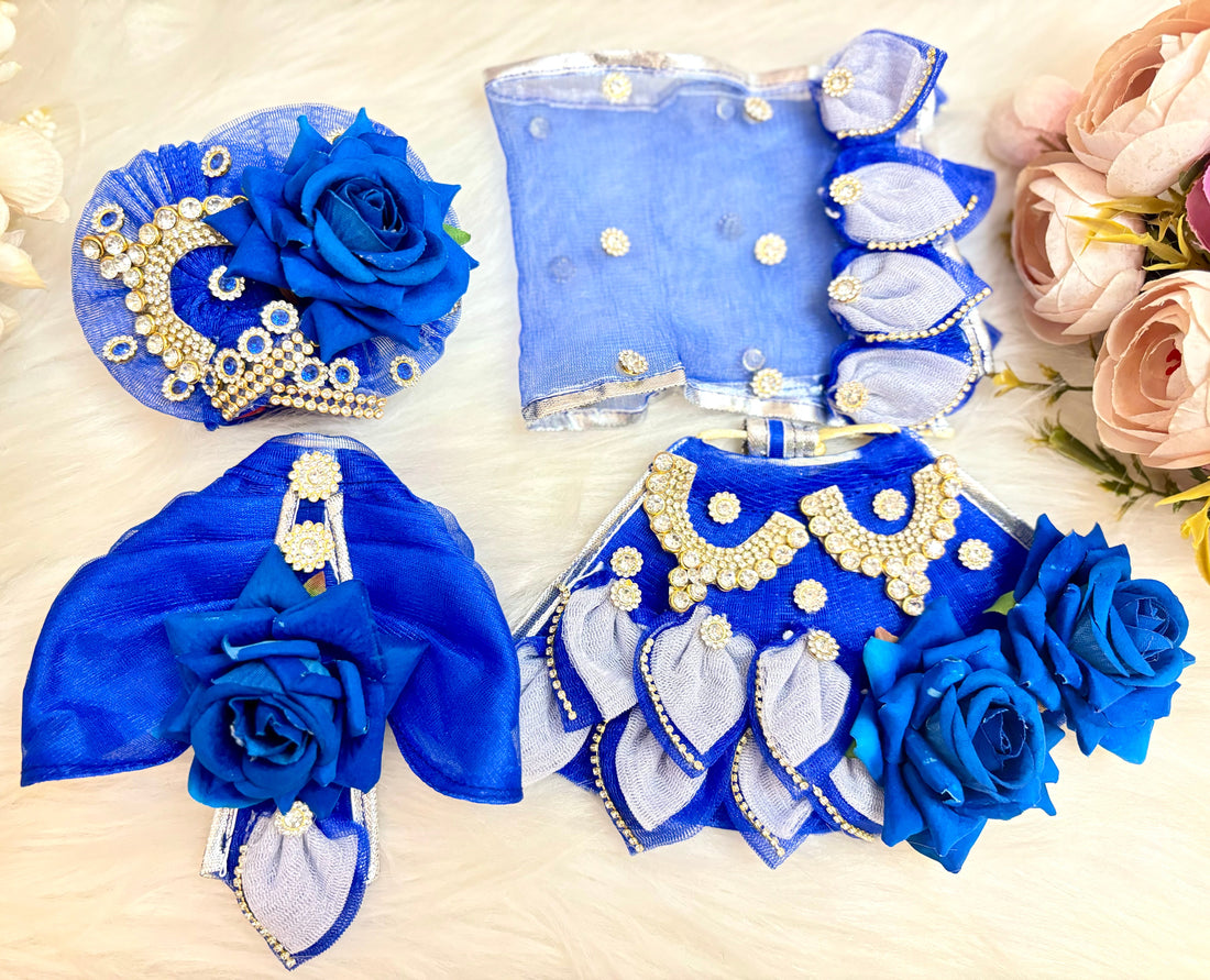 Handmade Designer Blue Rose Lehenga & Dhoti Set - 7 Piece Laddu Gopal Dress for Janmashtami | Kanha Ji Poshak & Bal Gopal Dress