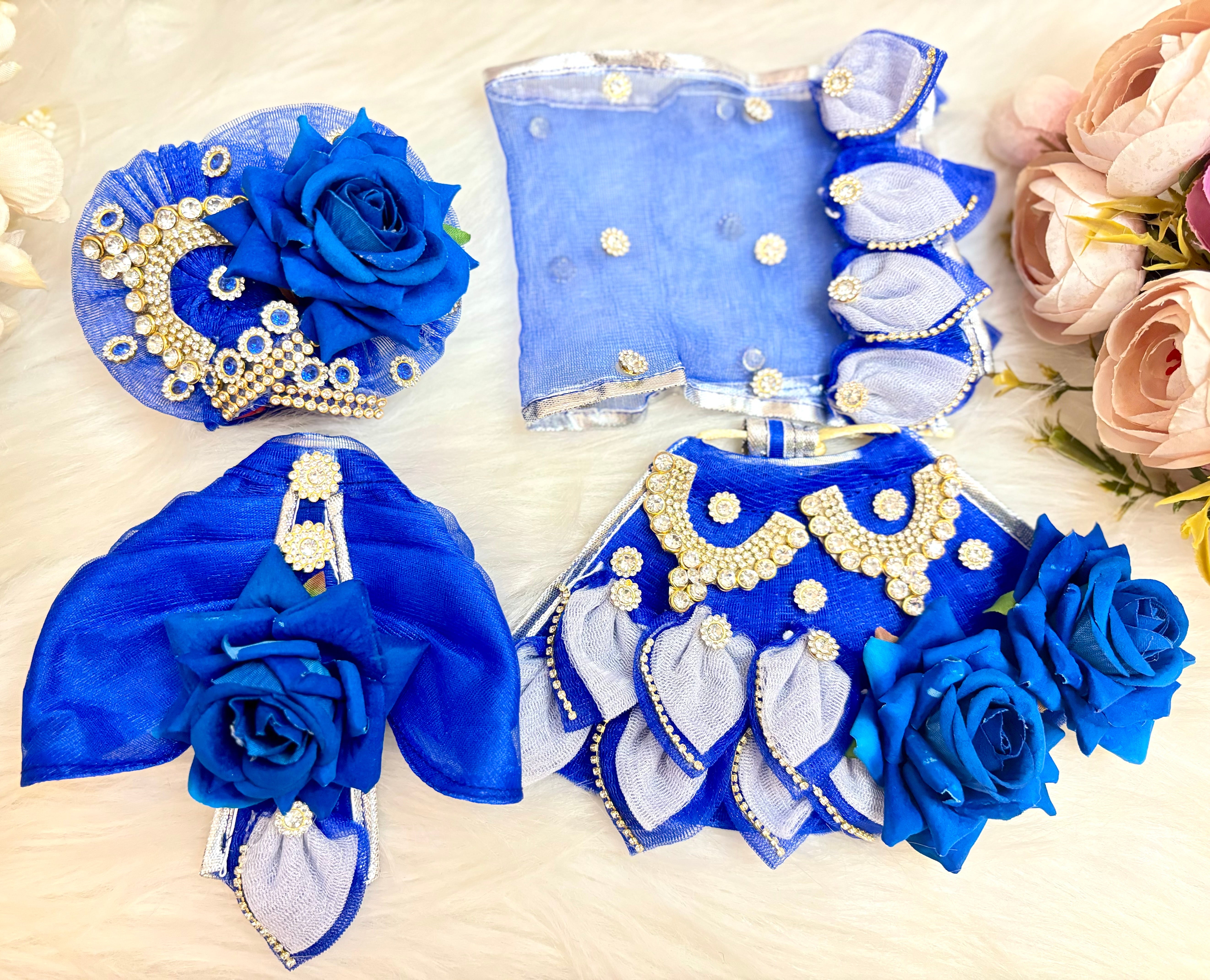 Handmade Designer Blue Rose Lehenga & Dhoti Set - 7 Piece Laddu Gopal Dress for Janmashtami | Kanha Ji Poshak & Bal Gopal Dress