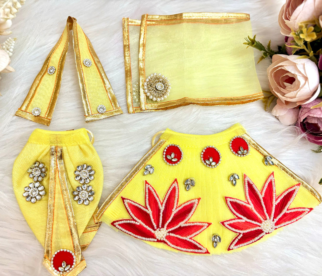 Handmade Lime Lotus Lehenga & Dhoti Set for Laddu Gopal | Designer Janmashtami Dress for Kanha Ji & Bal Gopal | 6-Piece Festival Poshak