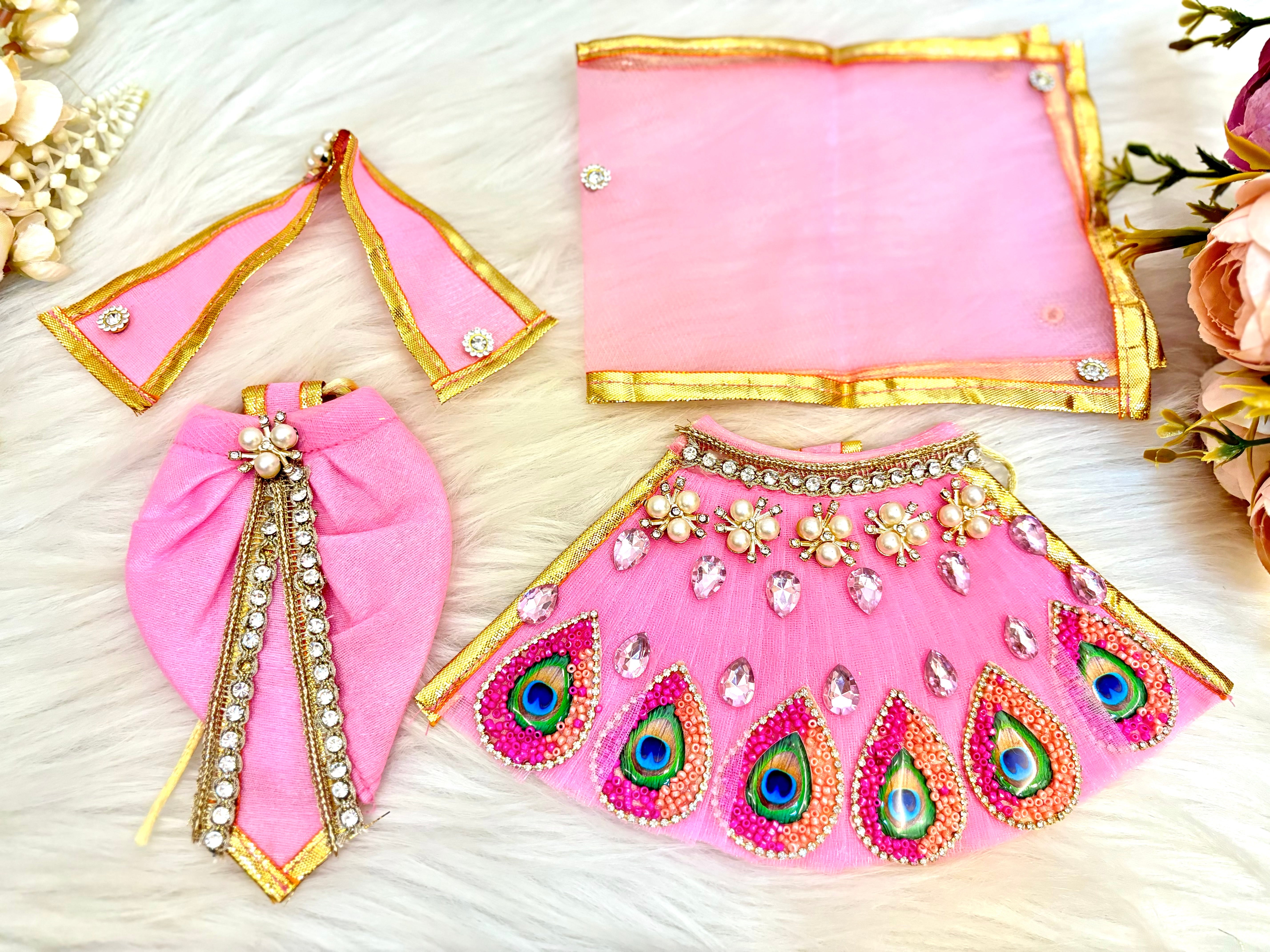 Handmade Designer Pink Lehenga & Dhoti Set for Laddu Gopal | Kanha Ji Poshak | Bal Gopal Dress | Perfect for Janmashtami Festival - 6 Piece Set
