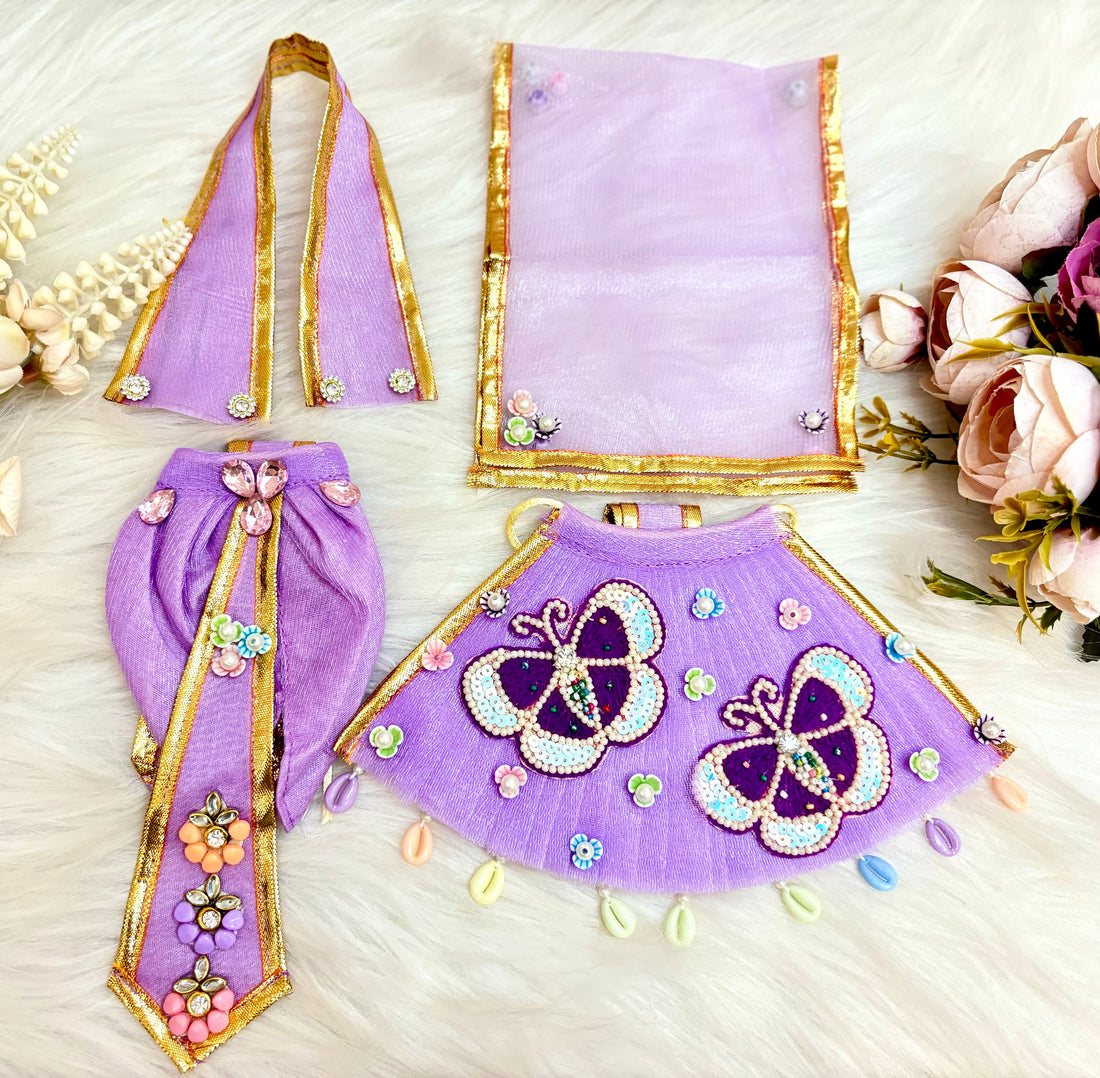 Handmade Designer Purple Butterfly Lehenga & Dhoti Set for Laddu Gopal | Fancy Kanha Ji Poshak | Bal Gopal & Krishna Ji Dress - 6 Piece Festival Outfit
