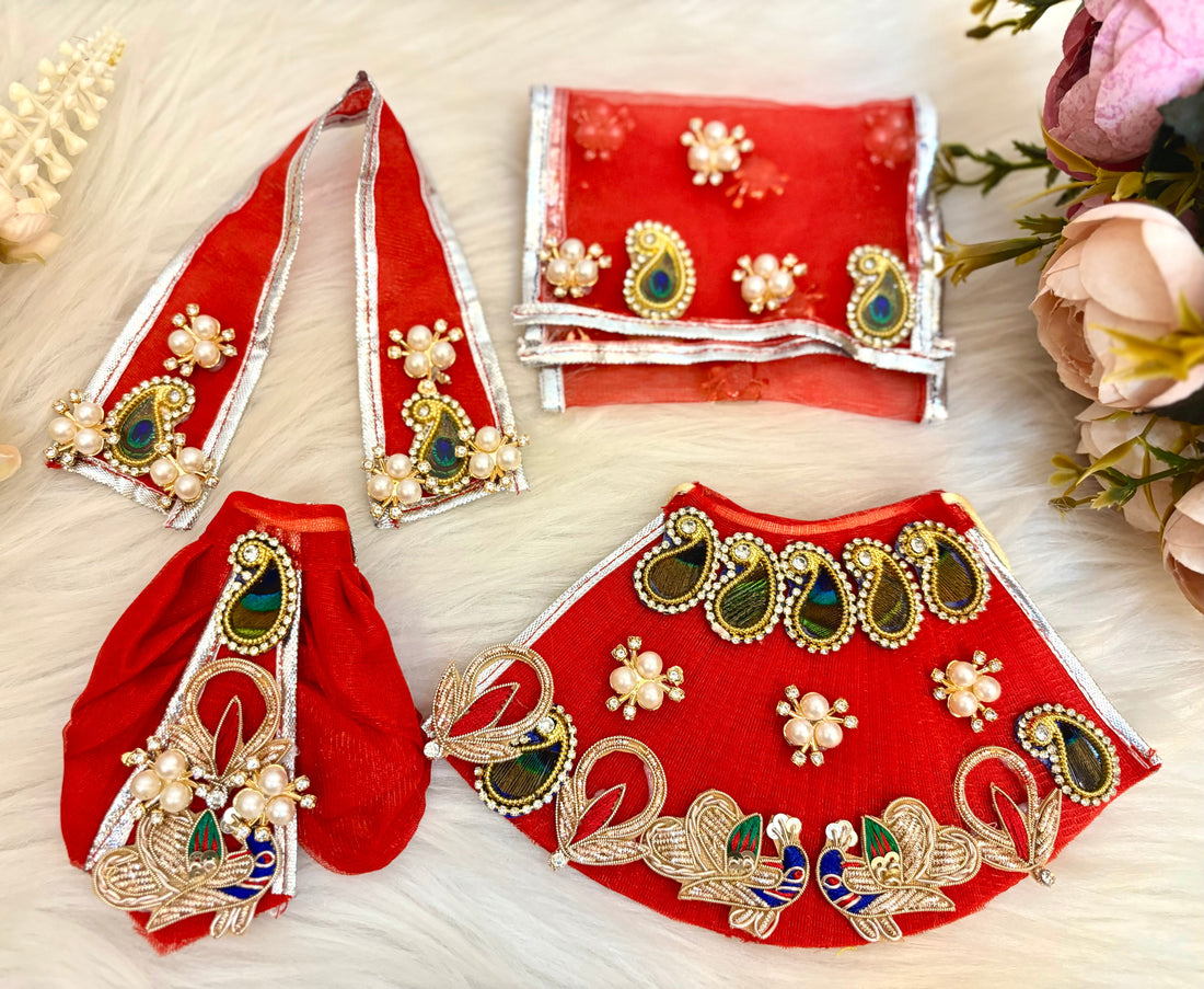 Handmade Designer Red Peacock Lehenga & Dhoti Set - 7 Piece Laddu Gopal Dress, Kanha Ji Poshak, Bal Gopal Dress for Janmashtami Festival