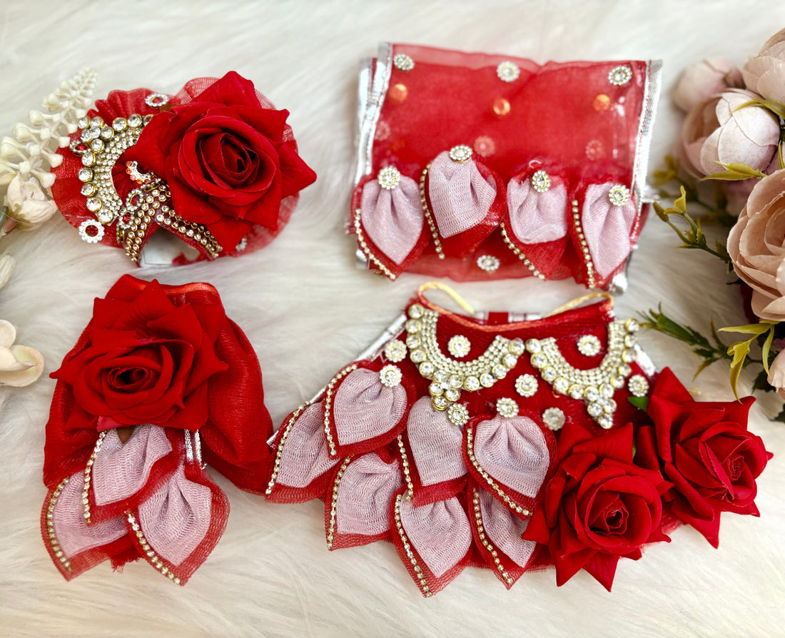 Handmade 7-Piece Red Rose Lehenga & Dhoti Set for Laddu Gopal | Designer Kanha Ji Poshak & Bal Gopal Dress for Janmashtami Festival