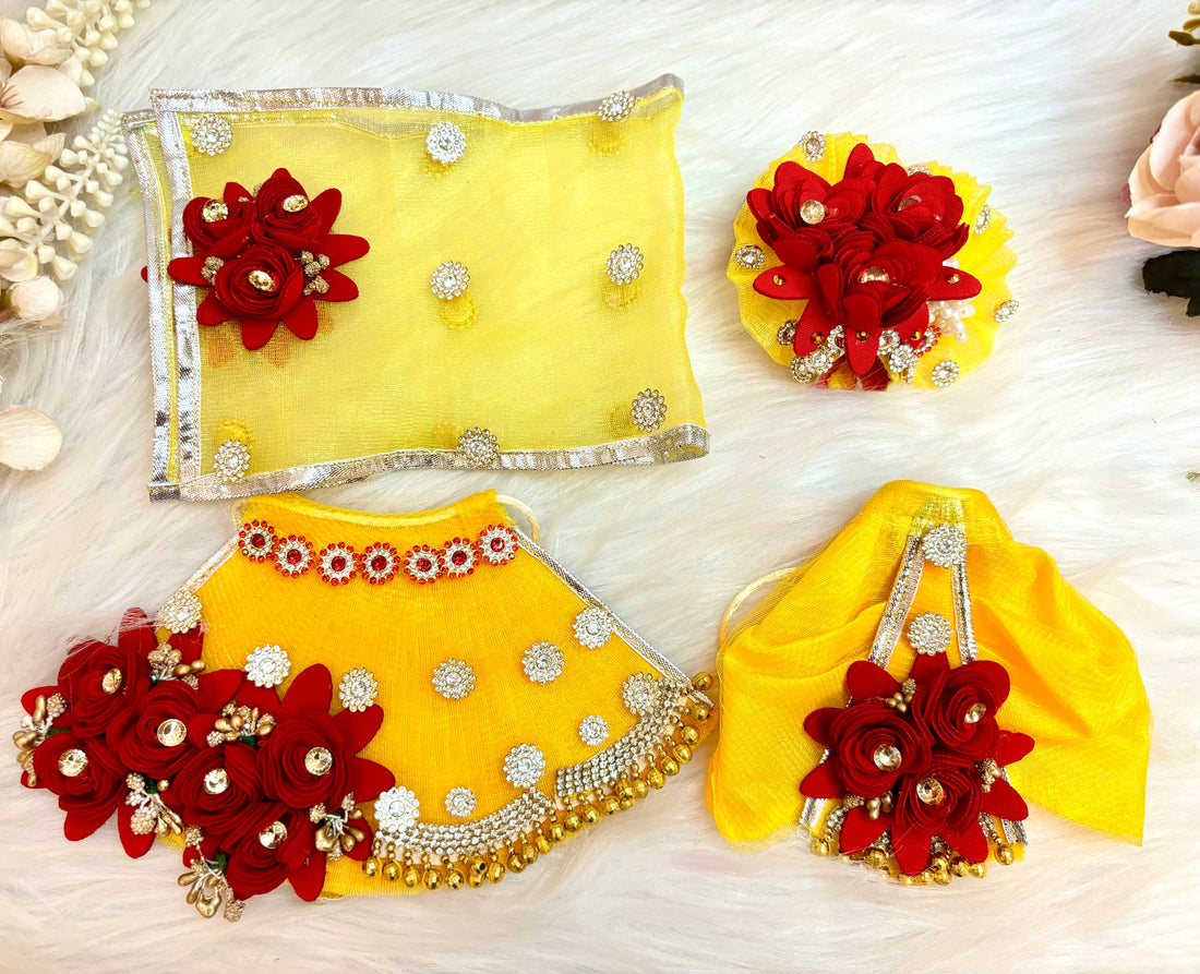 Handmade Designer Yellow & Maroon Flower Lehenga & Dhoti Set for Laddu Gopal, Kanha Ji, Bal Gopal & Krishna Ji - 7 Piece Festival Dress for Janmashtami