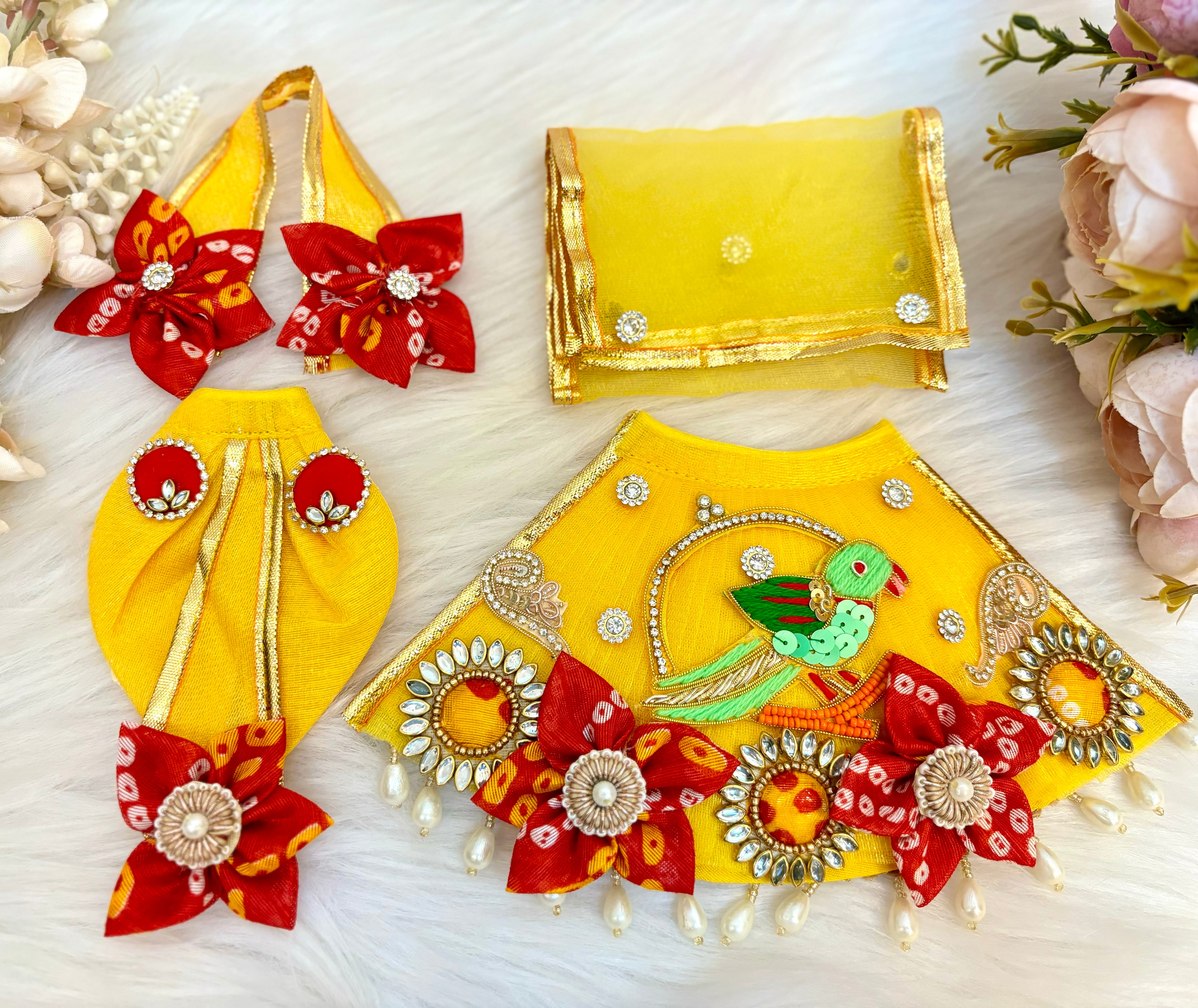 Handmade Yellow Parrot Lehenga & Dhoti Set - 6 Piece Designer Dress for Laddu Gopal, Kanha Ji, Bal Gopal & Krishna Ji - Perfect for Janmashtami Festival
