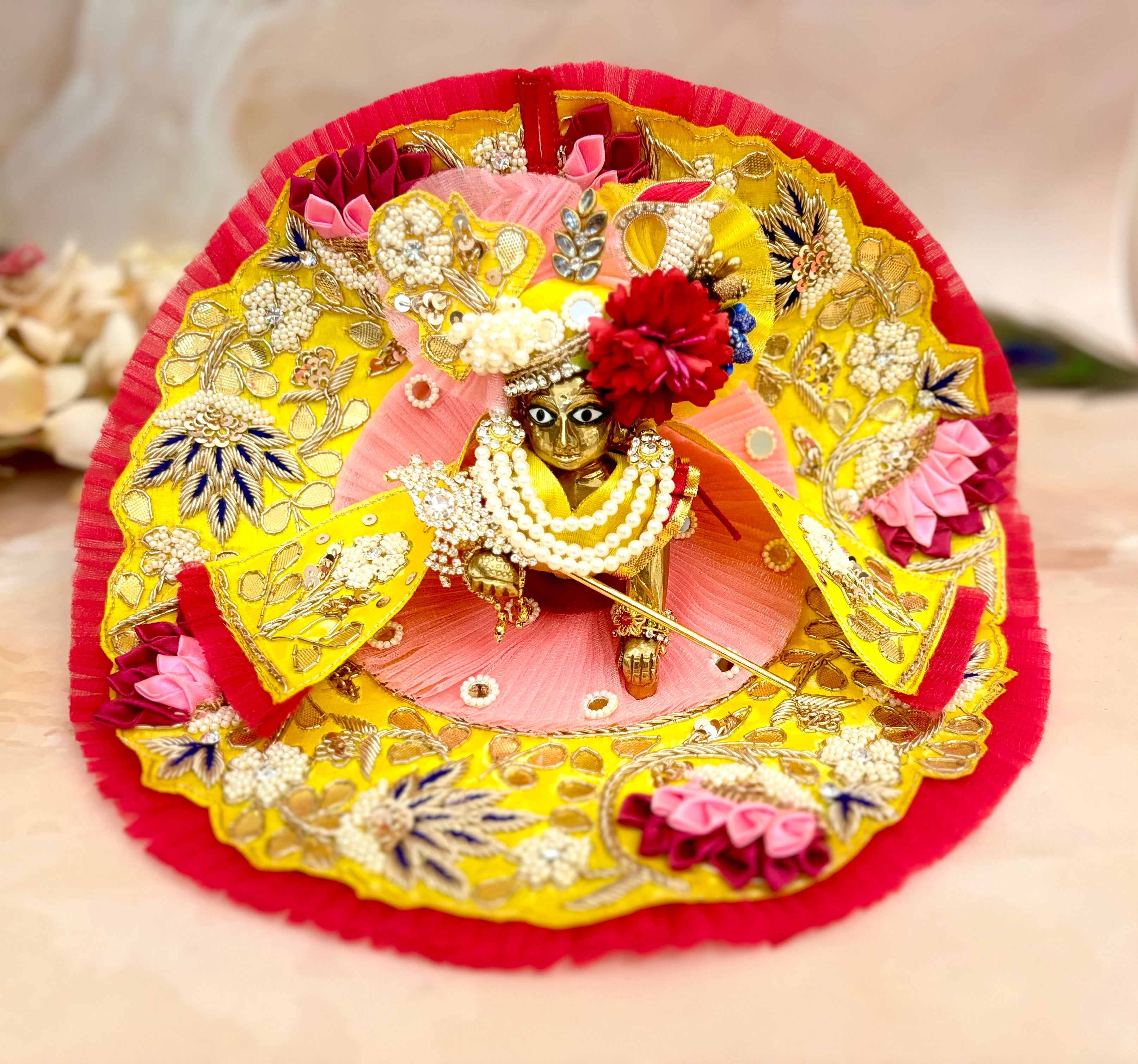 Handmade Luxe Yellow & Pink Laddu Gopal Dress Set - 4 Piece Designer Poshak for Kanha Ji, Bal Gopal & Krishna Ji - Perfect for Janmashtami Festival