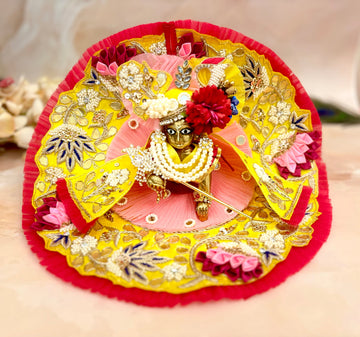 Handmade Luxe Yellow & Pink Laddu Gopal Dress Set - 4 Piece Designer Poshak for Kanha Ji, Bal Gopal & Krishna Ji - Perfect for Janmashtami Festival