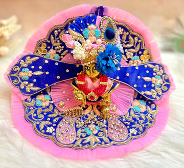 Luxe Handmade Blue & Pink Peacock Hand Embroidered Laddu Gopal Dress - 4 Piece Designer Poshak Set for Janmashtami, Bal Gopal & Krishna Ji