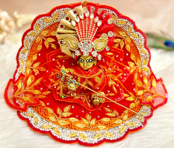 Luxe Handmade Golden Red Leaf Laddu Gopal Dress Set - 5 Piece Designer Poshak for Kanha Ji, Bal Gopal & Krishna Ji - Perfect for Janmashtami Festival